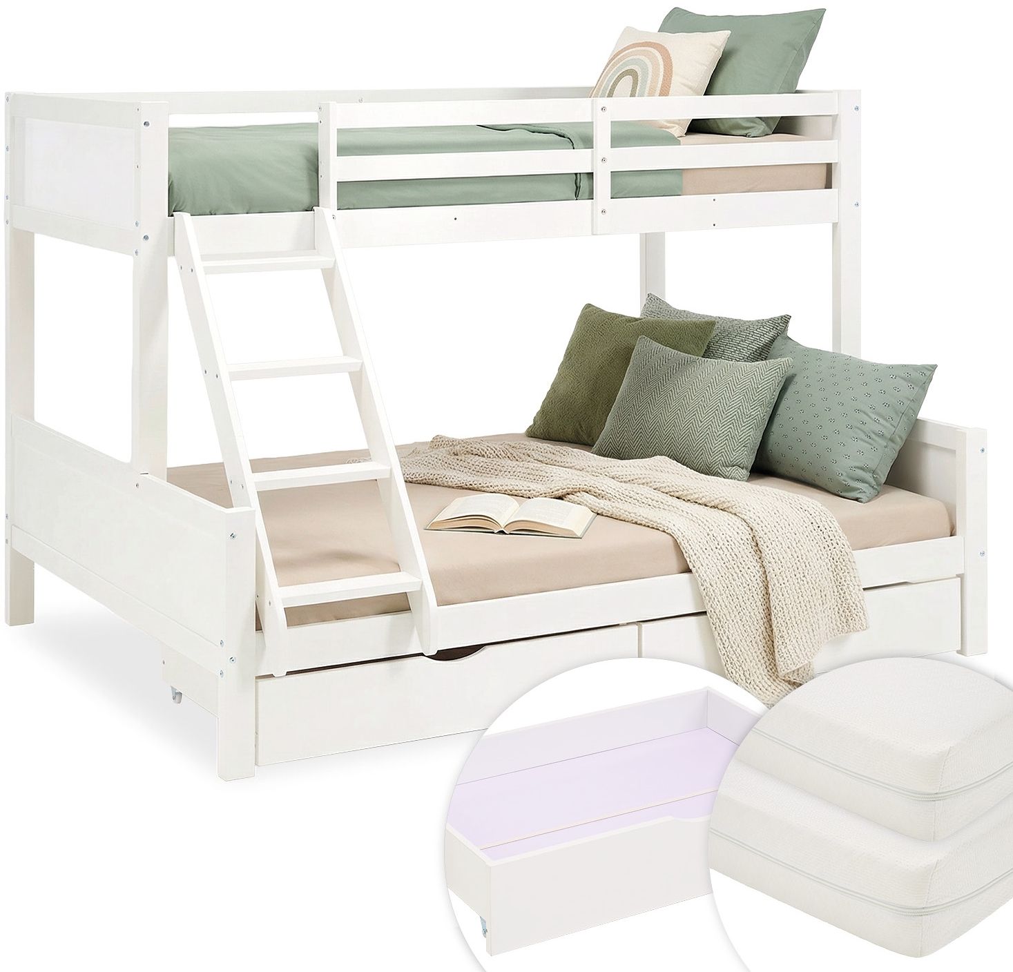 Kinderbett mit 2 Matratzen Etagenbett 90x200 und 140x200 Weiß Holz Doppelstockbett Jugendbett Hochbett Stockbett 2 Bettkästen