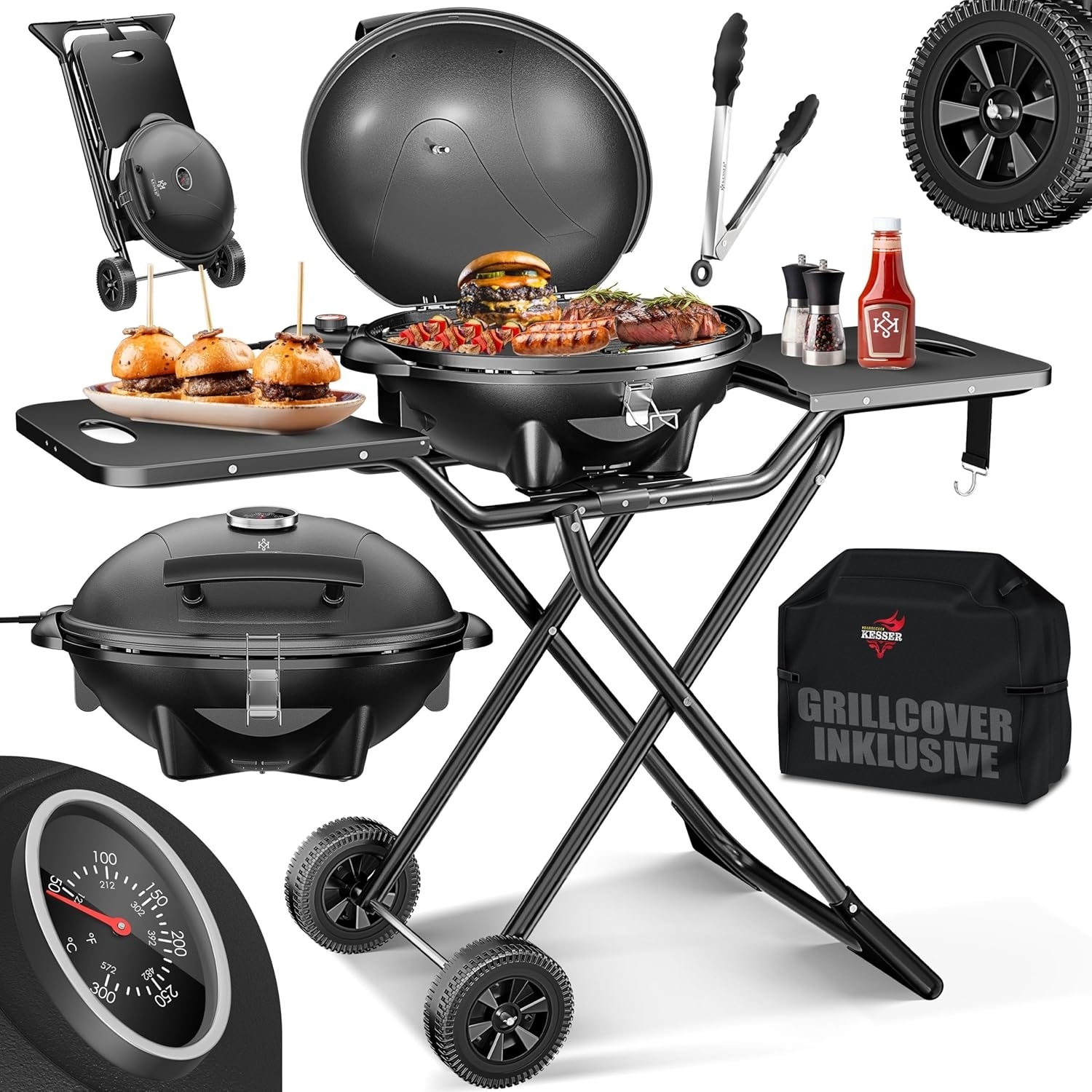 KESSER® elektrischer Elektrogrill 2in1 Tischgrill - Standgrill mit Deckel | max. 2400 Watt | Faltbar | Thermostat | Antihaftbeschichtung | Grillplatte Abstelltische | 2 Räder | inkl. Abdeckung & Zange