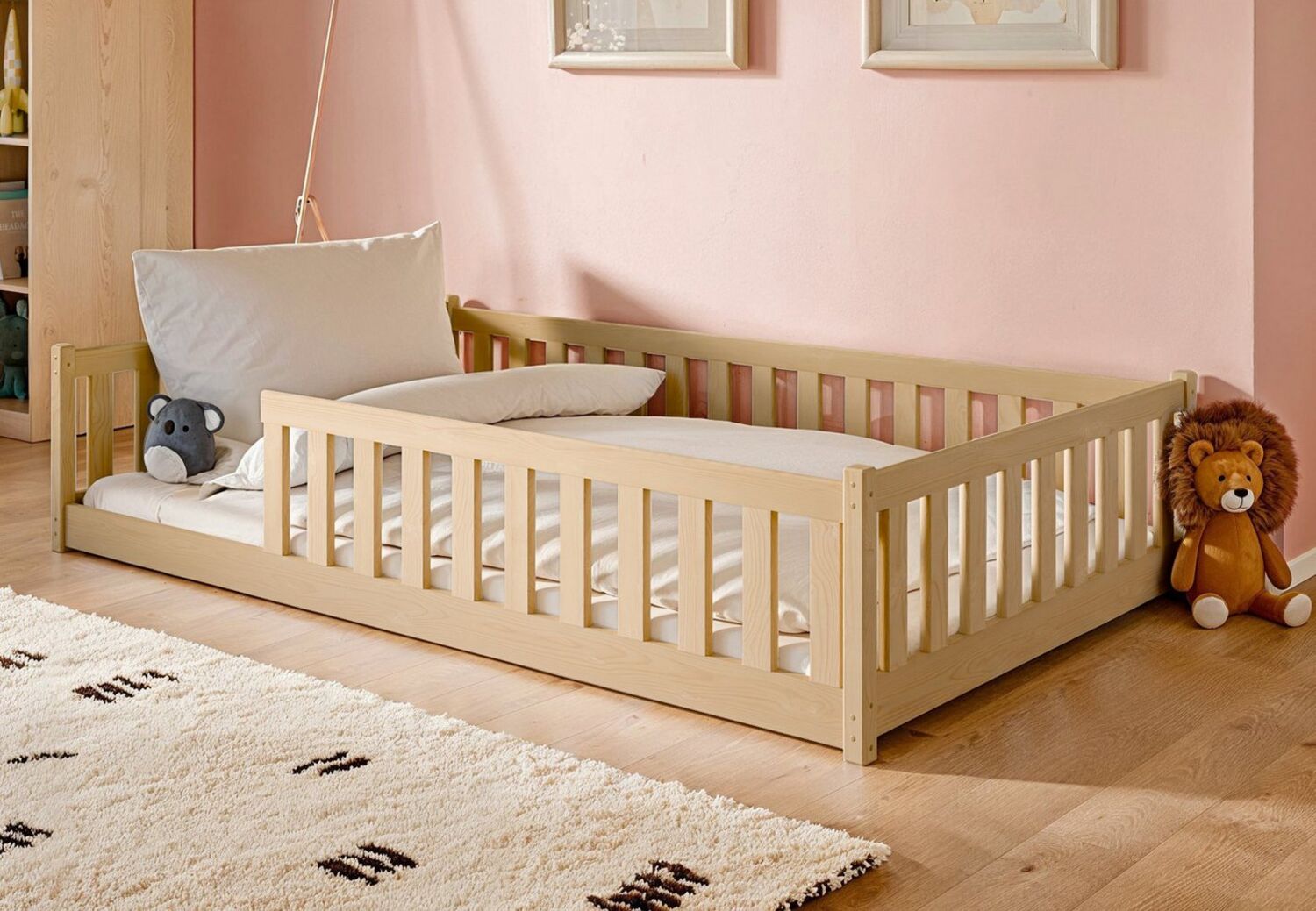 Kids Collective Kinderbett Bodenbett 120x200 cm mit Rausfallschutz & Lattenrost Montessori Bett Bed Gitterbett Kinder Jugendbett Einzelbett | Natur