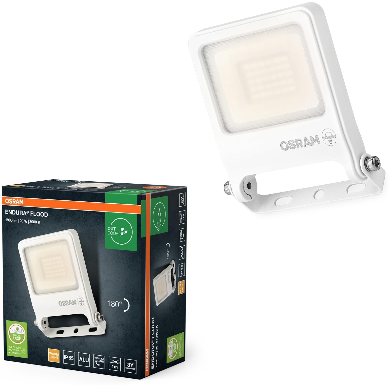 Osram ENDURA FLOOD PC 20W LED-Fluter, 3000K warmweiß, 1800 Lumen, IP65 Flutlicht in Weiß, recyceltes Aluminium, Schwenkbügel 180°, Weiß