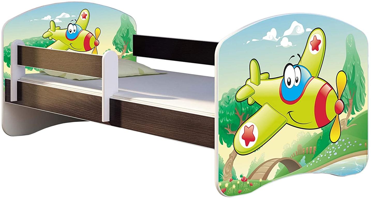 ACMA Kinderbett Jugendbett mit Einer Schublade und Matratze Wenge mit Rausfallschutz Lattenrost II 140x70 160x80 180x80 (29 Flugzeug, 140x70)
