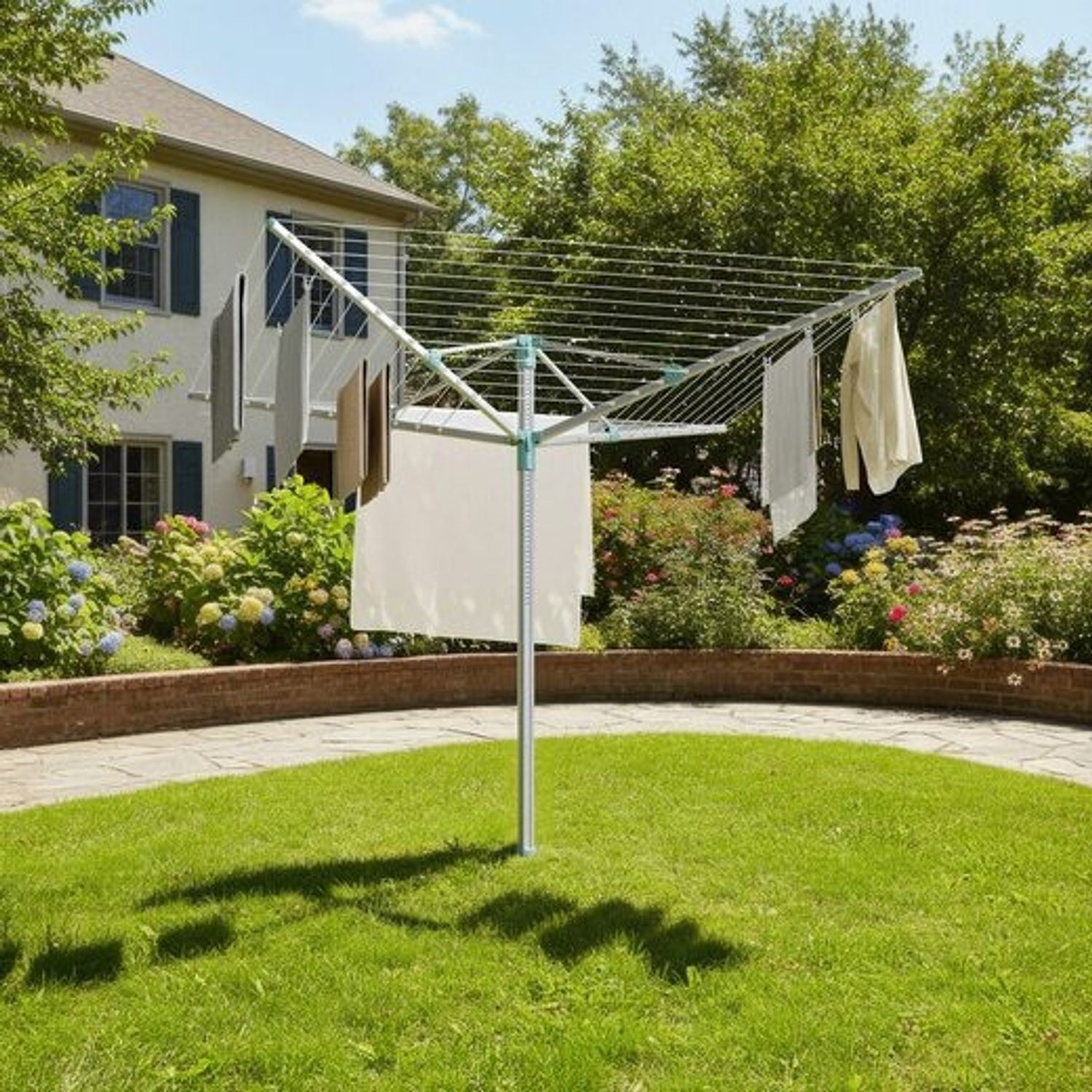 SONGMICS Wäschespinne, höhenverstellbarer, 60 m Wäscheleine, für 6 Waschladungen, draußen, silbern-grün