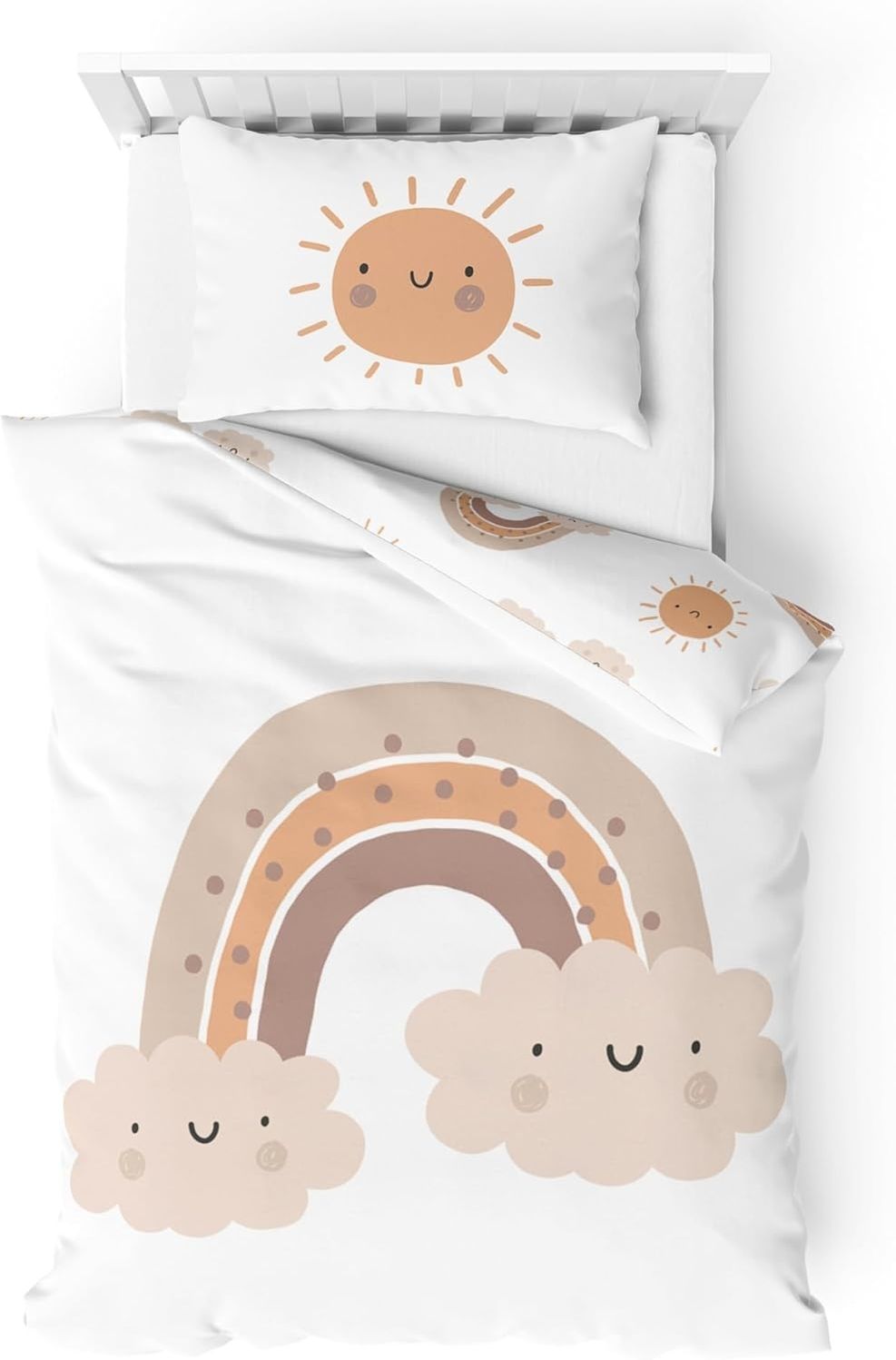 MTOnlinehandel Babybettwäsche Little Sunrise Biber/ Flanell in 100x135 + 40x60 cm, Boho, 100% Baumwolle, 2 teilig, Winterbettwäsche kuschelig und weich, Regenbögen und Sonne, weiß