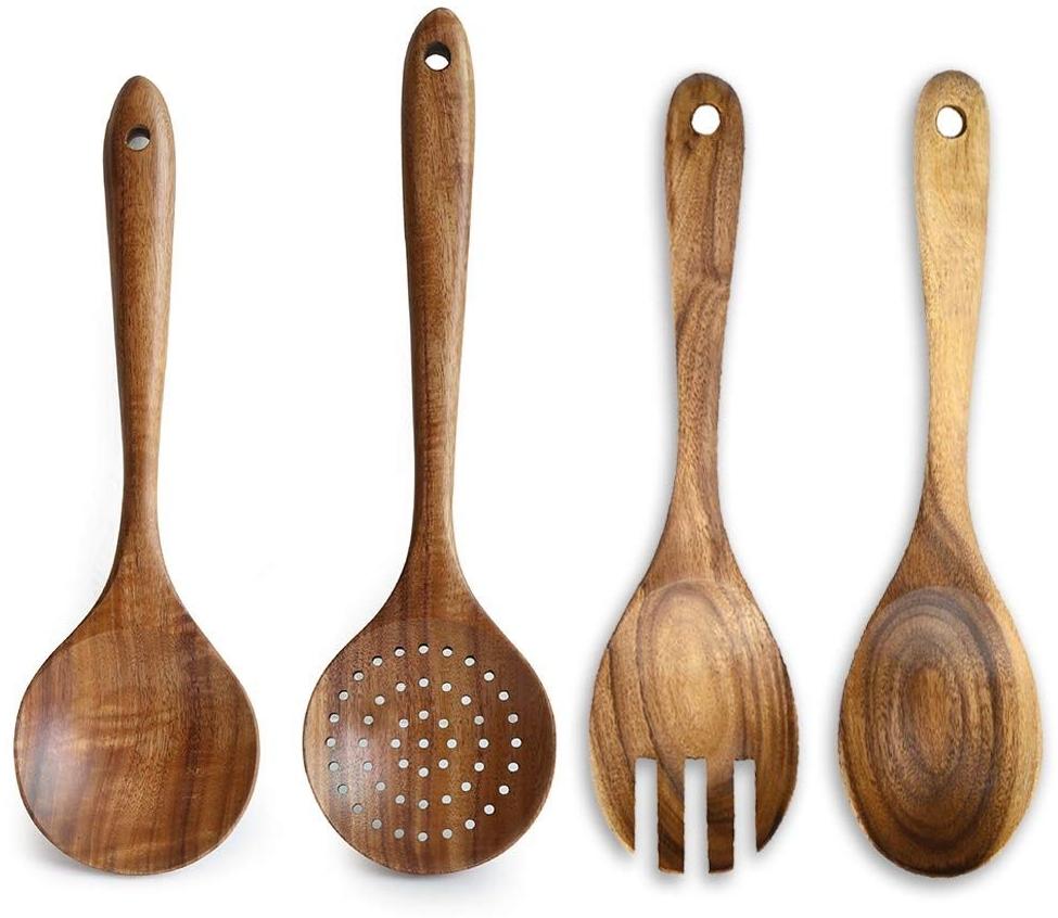Luxuriöses Kochutensilien-Set aus Akazienholz, Salatgabel, Schaumlöffel, abgewinkelter Pfannenwender, antihaftbeschichteter Pfannenwender, Rührlöffel, Schlitzspatel, Servierlöffel aus Holz 4 Stück Löffel