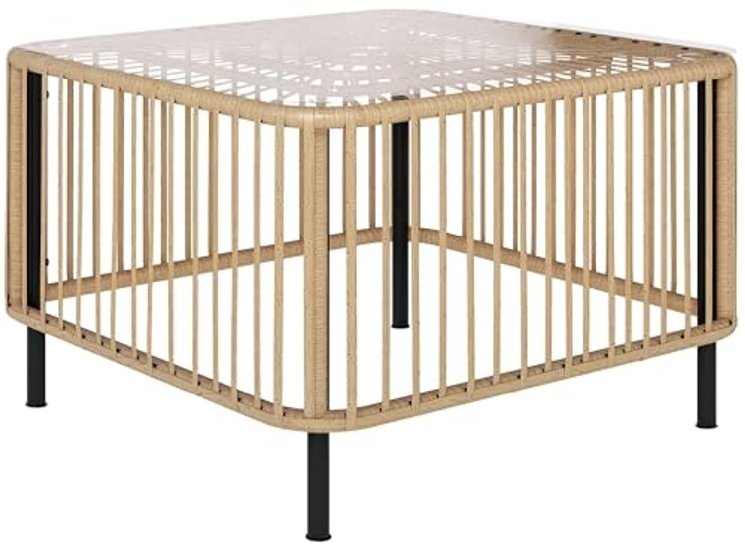 Outsunny Gartentisch aus Polyrattan, mit Glasplatte (quadrarischer Terrassentisch, 1-St, wetterfest Beistelltisch), 65 x 65 x 43 cm, für Garten, Terrasse, Balkon Naturholz