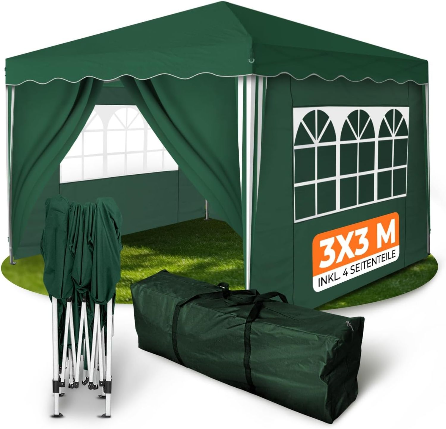 Faltpavillon 3x3 m - wasserdicht - mit 4 Seitenteilen, grün
