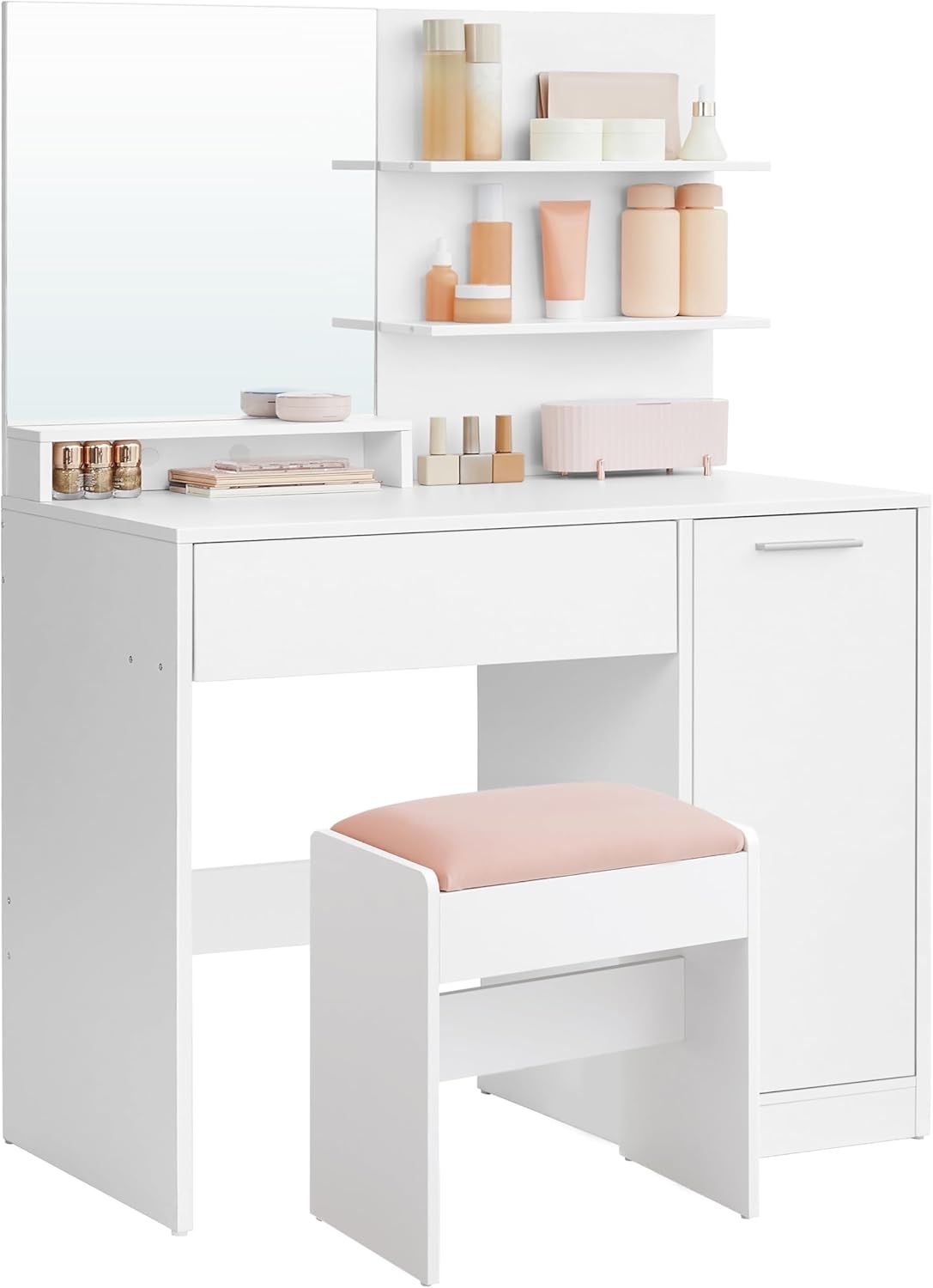 VASAGLE Kailyn Kollektion - Schminktisch mit Hocker, Frisiertisch mit Spiegel, Kosmetiktisch, Schublade und offene Ablagen, Schrank mit 2 verstellbaren Ablagen, weiß