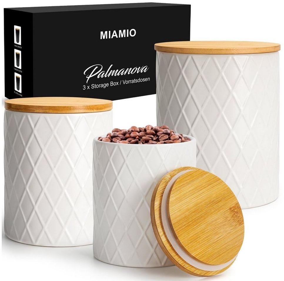 MiaMio Vorratsdose 3er Set Vorratsdosen aus Keramik mit luftdichtem Holzdeckel, (Set)