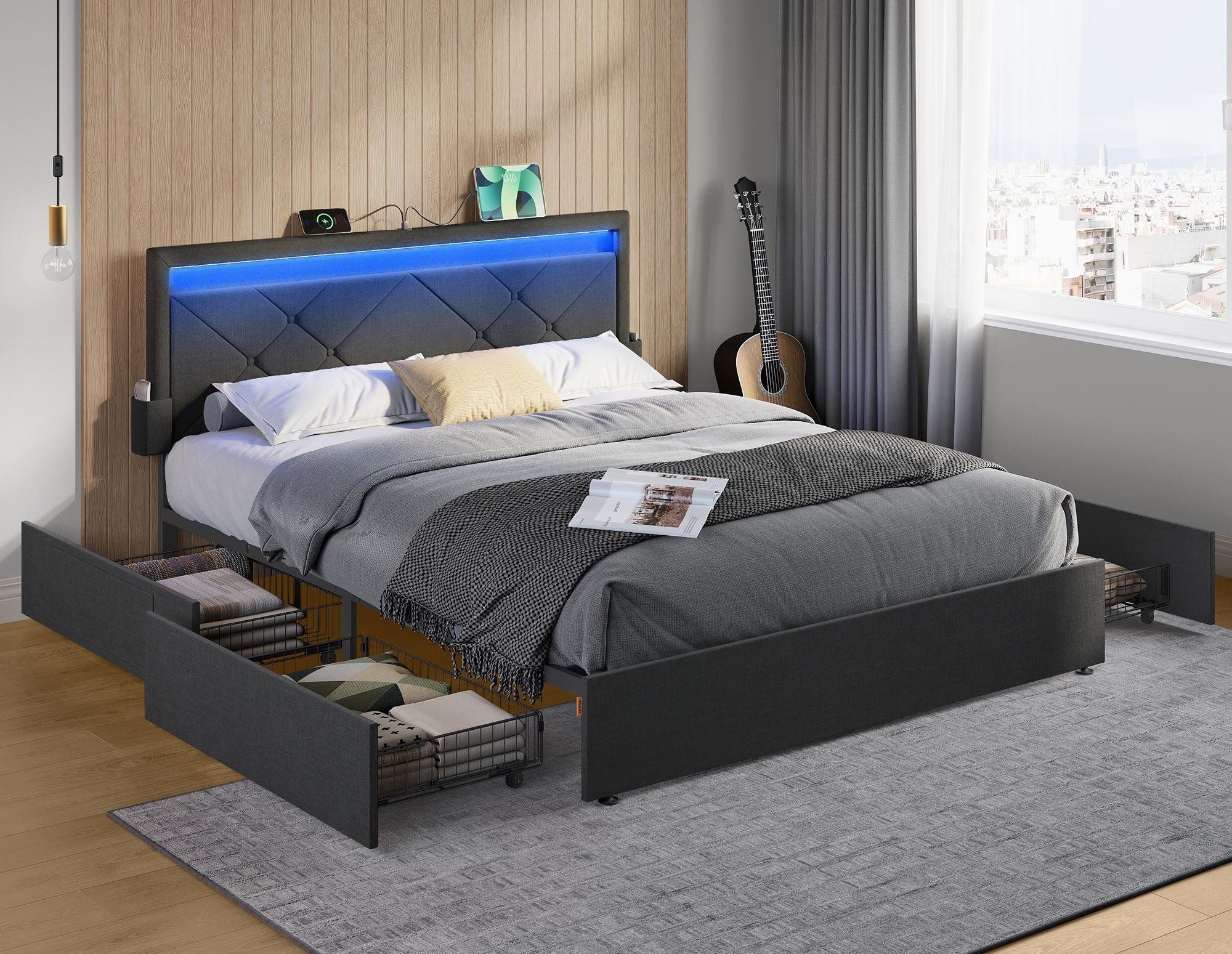 VASAGLE Doppelbettgestell, Bettgestell, 140 x 200 cm, LED, Metallbett, 4 Schubladen, Ladestation, verstellbares gepolstertes Kopfteil, schiefergrau RMB827G02