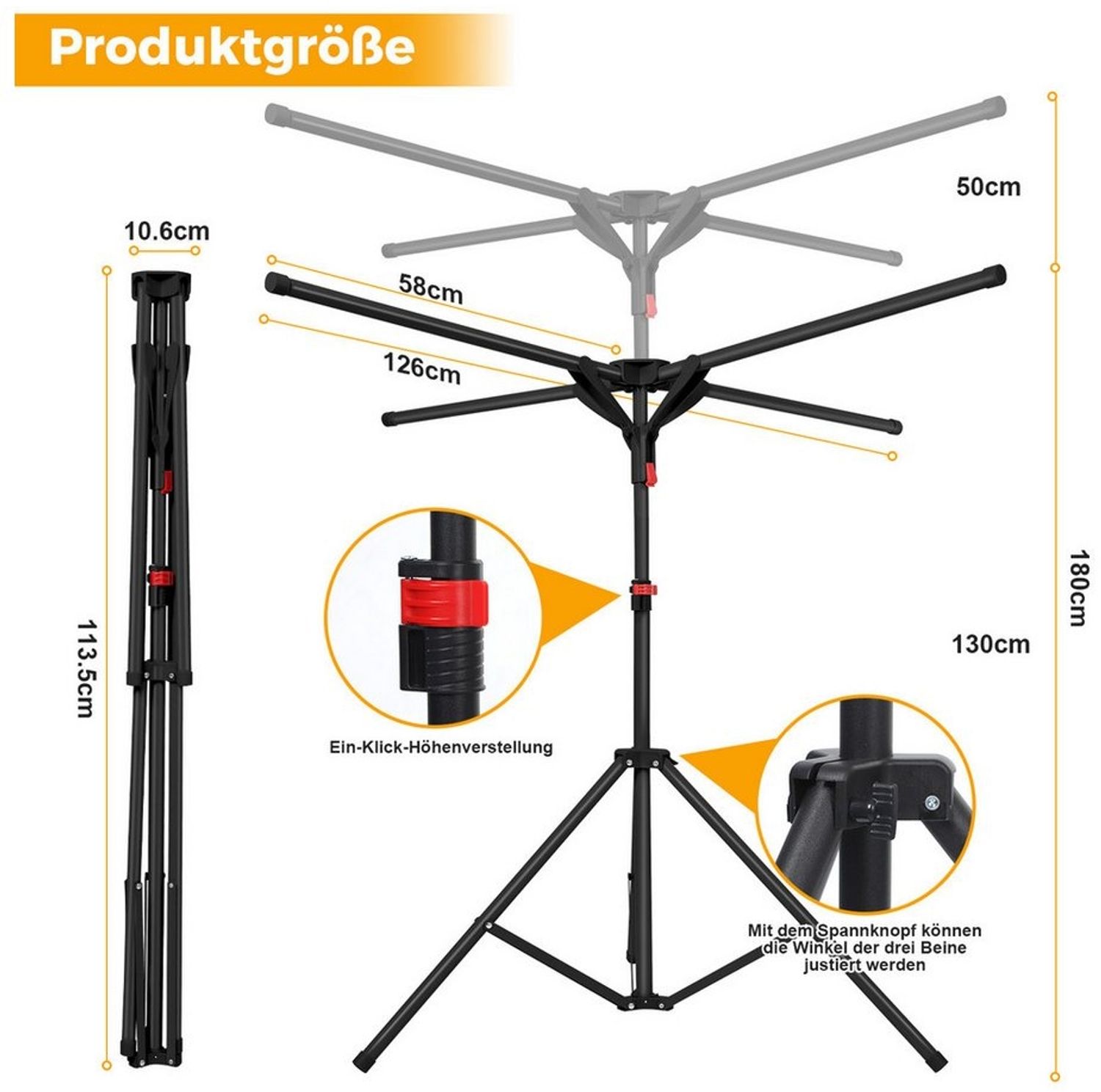 PRIISF Wäscheständer Ausziehbar Klappbar Waschesteständer 4-Arme Standtrockner Wäschespinne, Wäschetrockner Ständer Camping Platzsparend Turm kleiderständer Balkon
