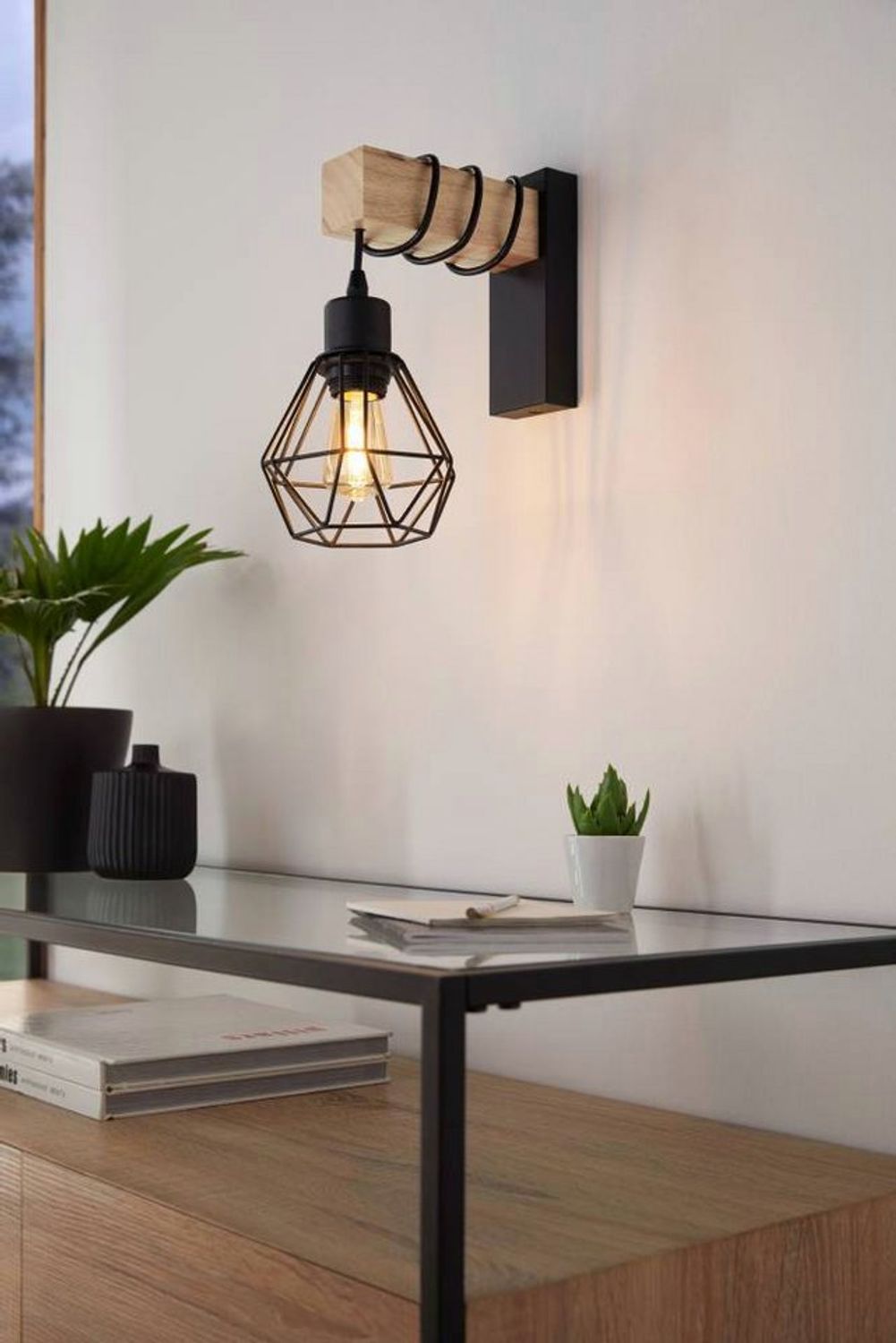 Eglo Wandleuchte Townshend 5 schwarz natur 27,5 x 14 x 24 cm E27