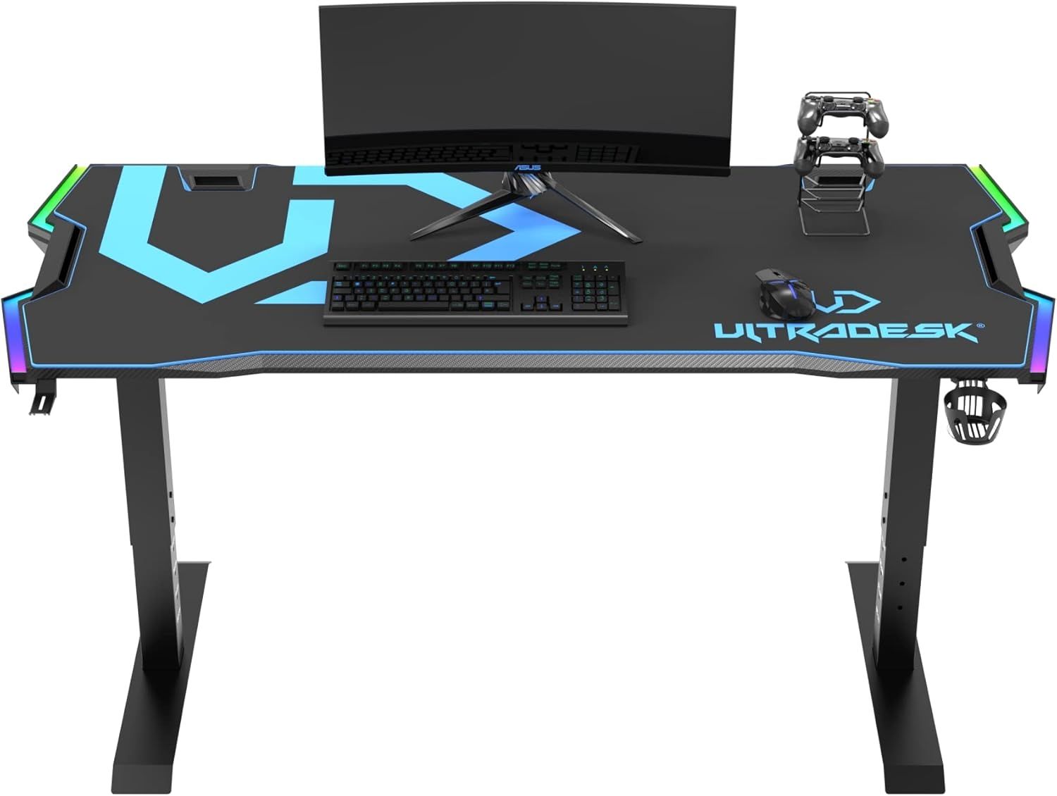 ULTRADESK Force | Ergonomischer Gaming-Schreibtisch mit großer Arbeitsfläche & XXL-Pad, 2 Kabeldurchlässe | Ablage für Powerstrips, LED-RGB-Prismenbeleuchtung | Stahlrahmen, Blaues Pad, 166x70 cm