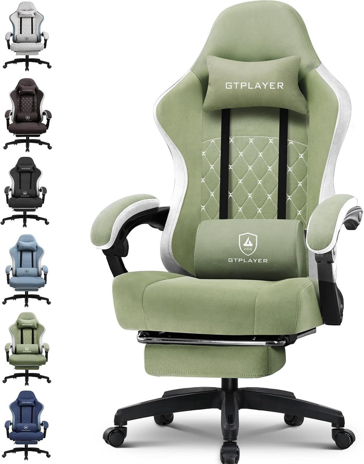 GTPLAYER Gaming Stuhl Ergonomischer Gaming Sessel Schreibtischstuhl mit Stoffoberfläche, Federsitzkissen, Verbindungsarmlehnen und Fußstütze grün