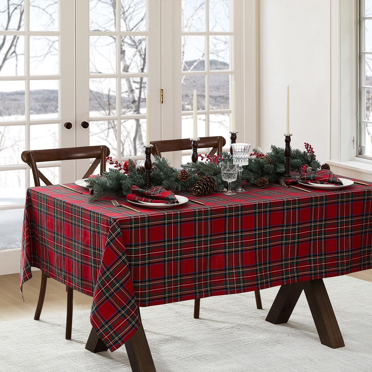 Elrene Home Fashions Stowe Tischdecke mit Schottenkaro, Weihnachts-/Winter, Baumwolle, rechteckig, 152x308 cm, Rot