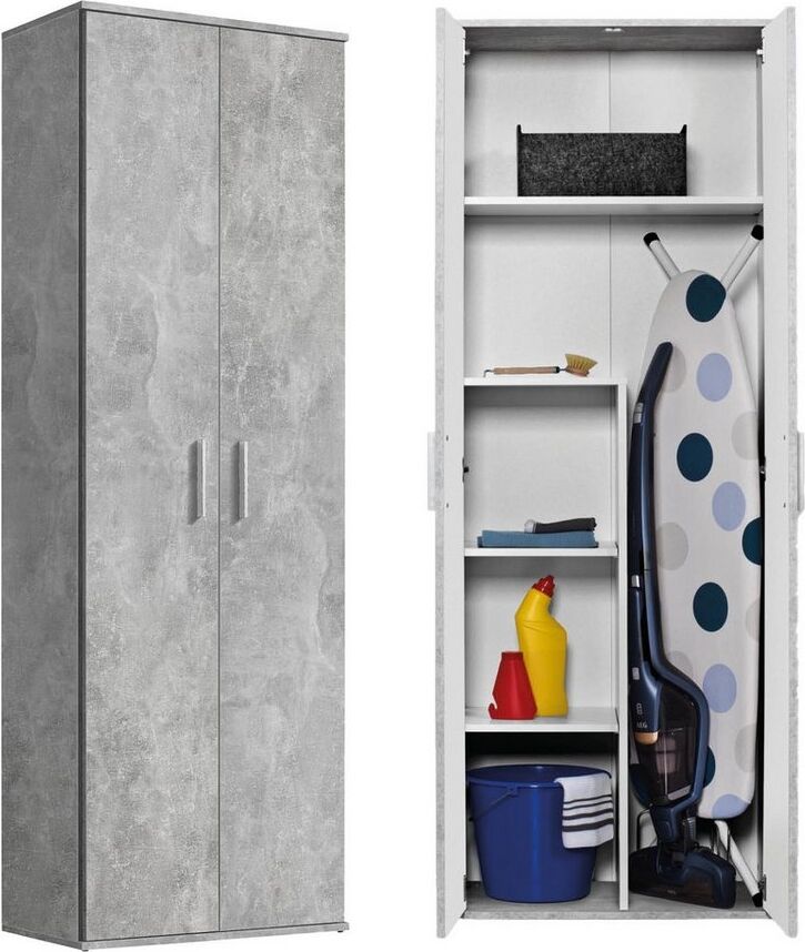 mokebo® Besenschrank 60cm Breite mit Staubsaugerfach 'Der Lange' moderner Mehrzweckschrank in Grau aus Holz, Schrank & Putzschrank | 60 x 180 x 34 (B/H/T in cm) | Betonoptik