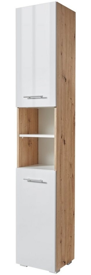 Hochschrank „Salerno“ Badezimmer, Badezimmerschrank 2 Türen, Badschrank, Standschrank, Veredelung mit Hochglanz-Fronten & Chrom-Griffen, Eichefarben, Weiß & Holzfarben, 32,1 x 32 x 184 cm