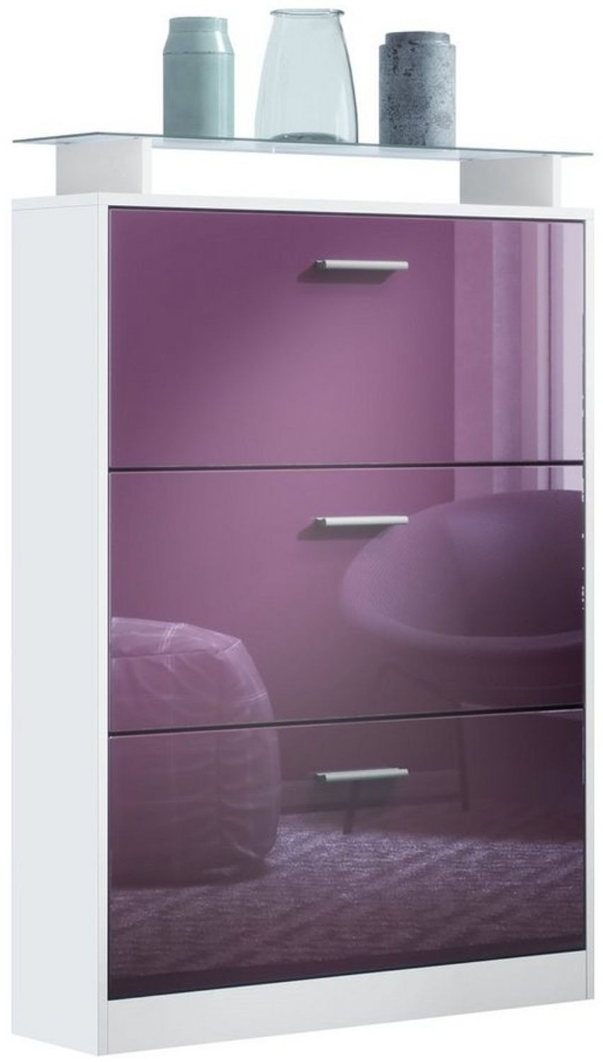 Vladon Schuhschrank Lavia, Schuhkipper für 24 Paar Schuhe mit 3 Klappen und Glasablage, Weiß matt/Brombeer Hochglanz (89 x 128 x 23 cm)