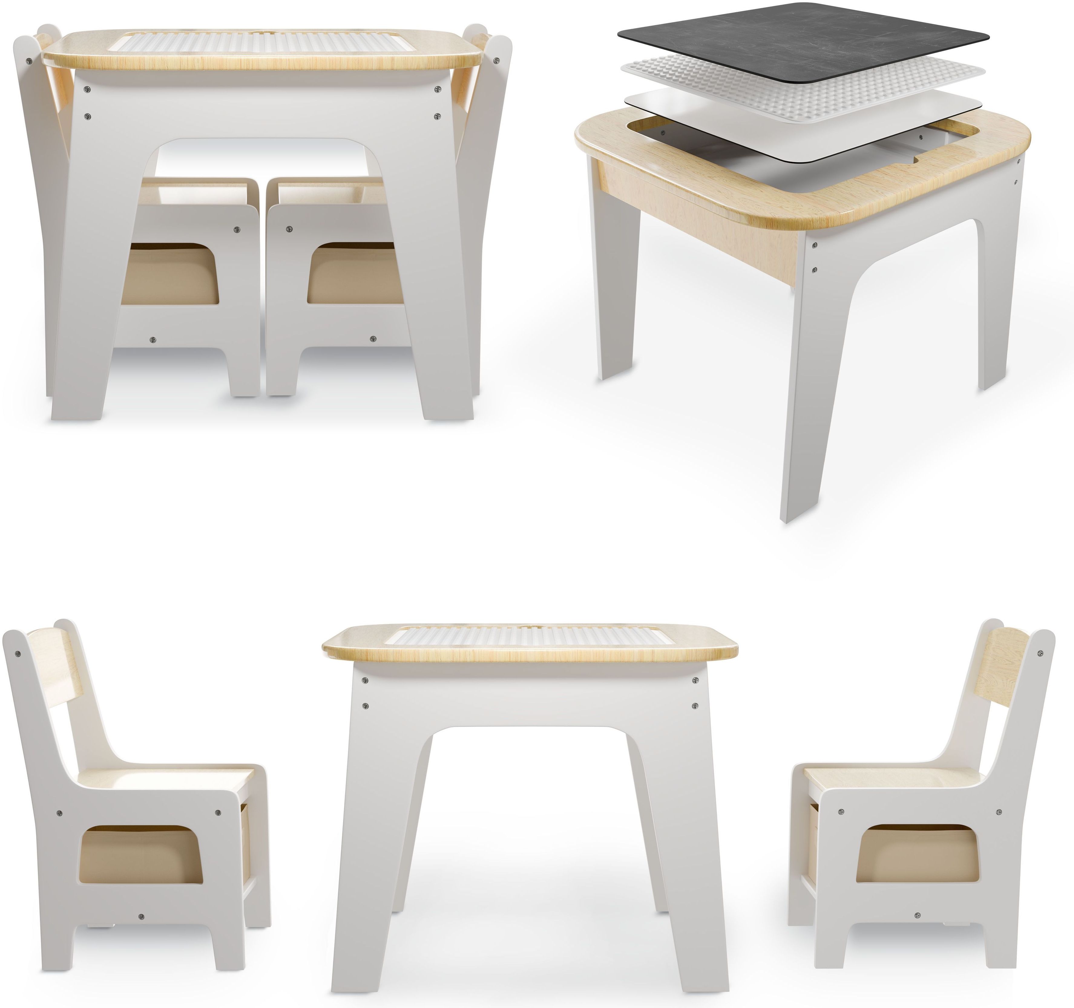 Juskys 'Milou' Kindersitzgruppe mit 2 Stühlen, 1 Tisch & Stauraum, Holz weiß