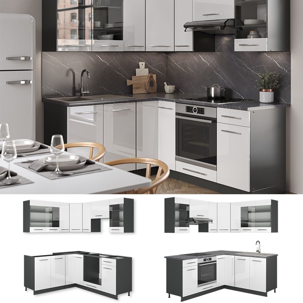 Eckküche Fame-Line Weiß Hochglanz/Anthrazit 190 x 46 cm ohne Arbeitsplatte Vicco