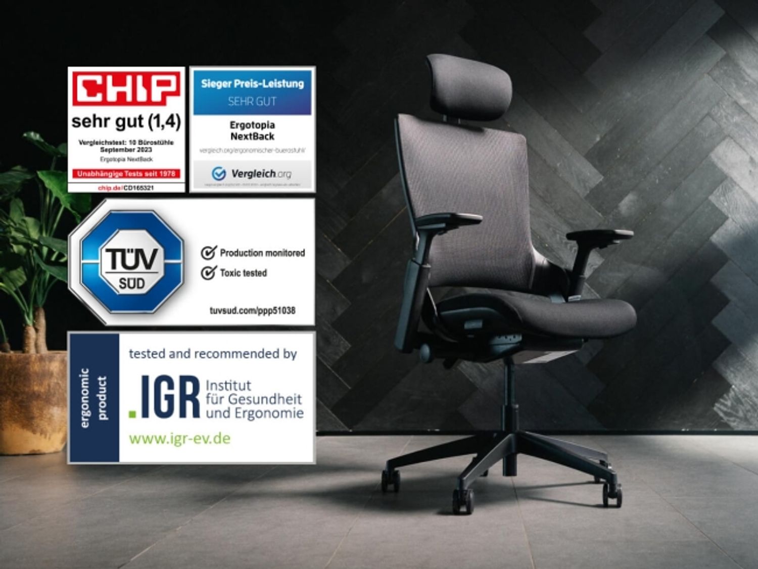 Ergotopia 'NextBack' ergonomischer Bürostuhl mit integrierter Lordosenstütze, Drehstuhl mit 3D Armlehnen & verstellbarer Kopfstütze, Schwarz