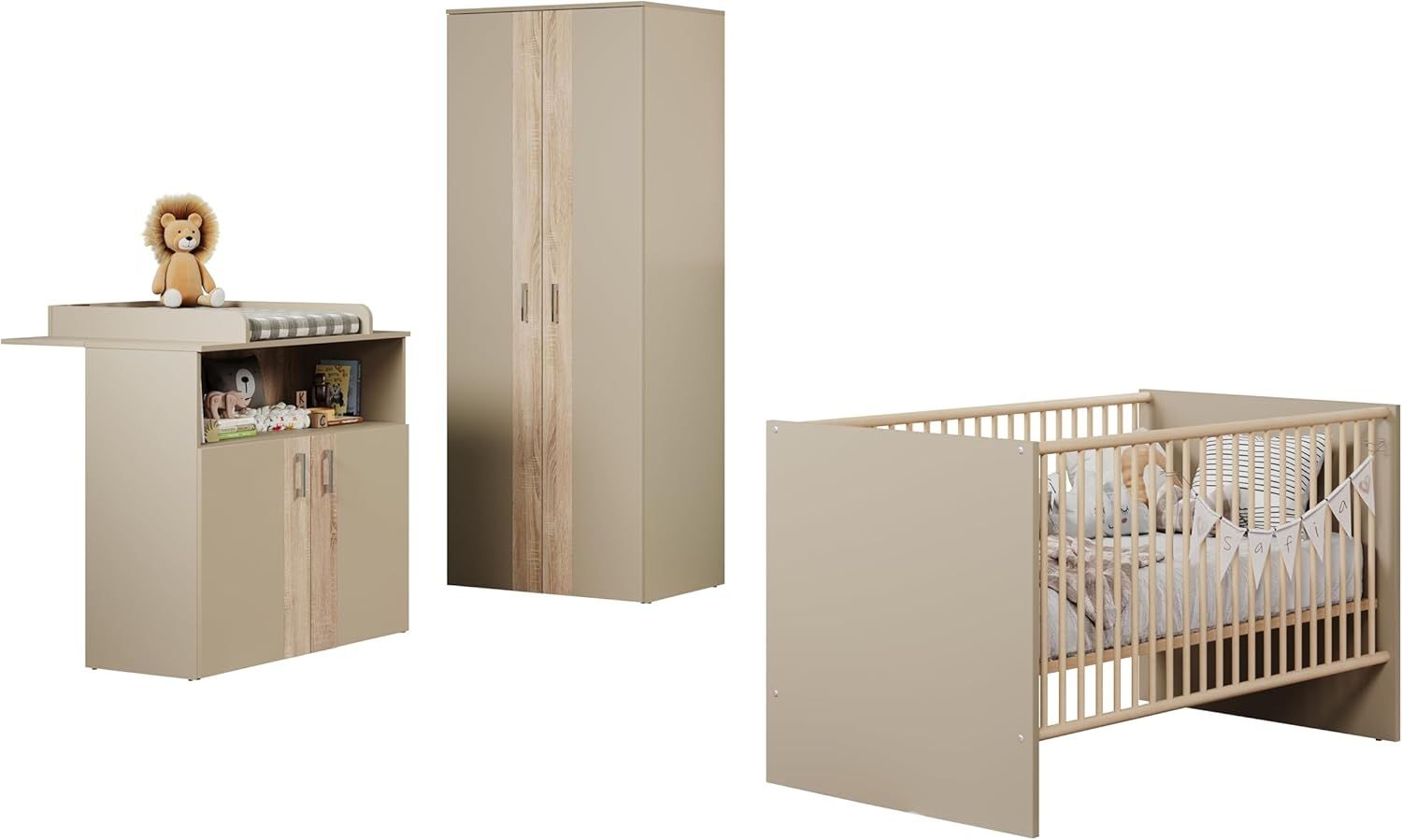 trendteam smart living - Berry - Babyzimmermöbel-Set (Wickelkommode + Kleiderschrank + Kinderbett) - Beige/Eiche Sägerau - Bett höhenverstellbar von 19 auf 51,8 cm