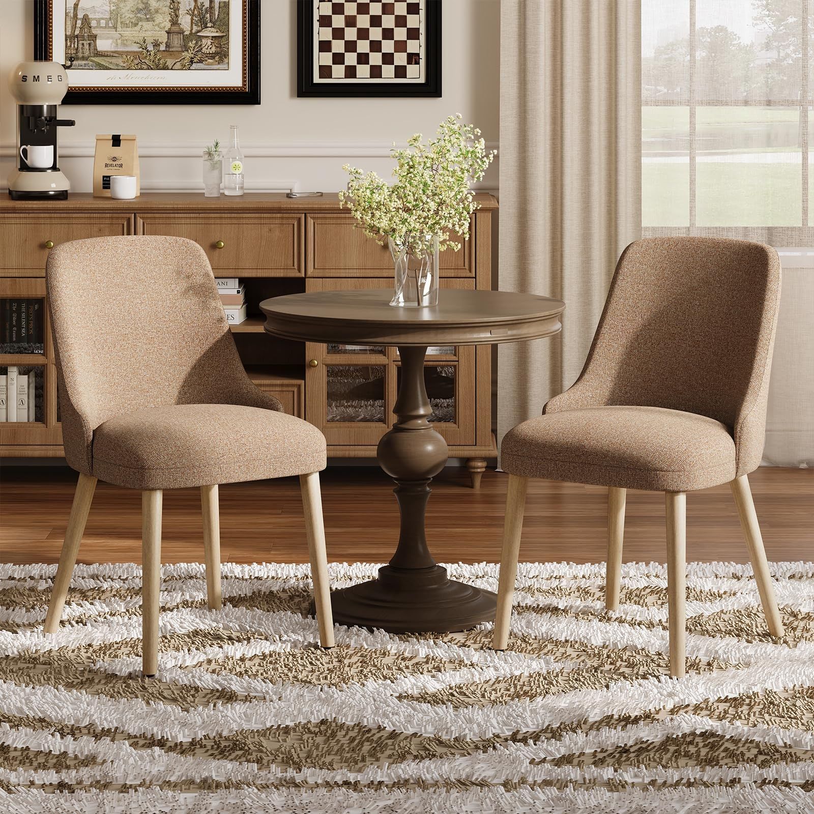 COLAMY Esszimmerstühle 2er Set, Gepolsterter Stuhl mit Holzbeinen, Hohe Rückenlehne für Esszimmer/Restaurant/Café, Kamel