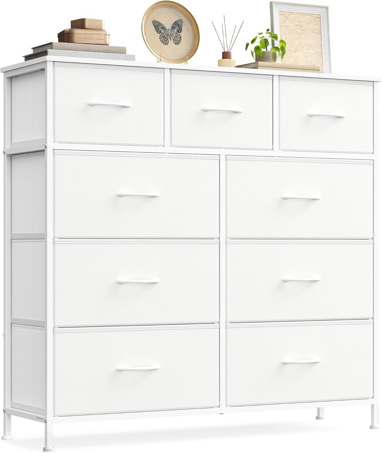 SONGMICS Kommode, Schrank, 9 Stoffschubladen, Aufbewahrungsschrank, Stahl, MDF, Vliesstoff, für Schlafzimmer, Flur, Wohnzimmer, wolkenweiß-schneeweiß LGS324WH01