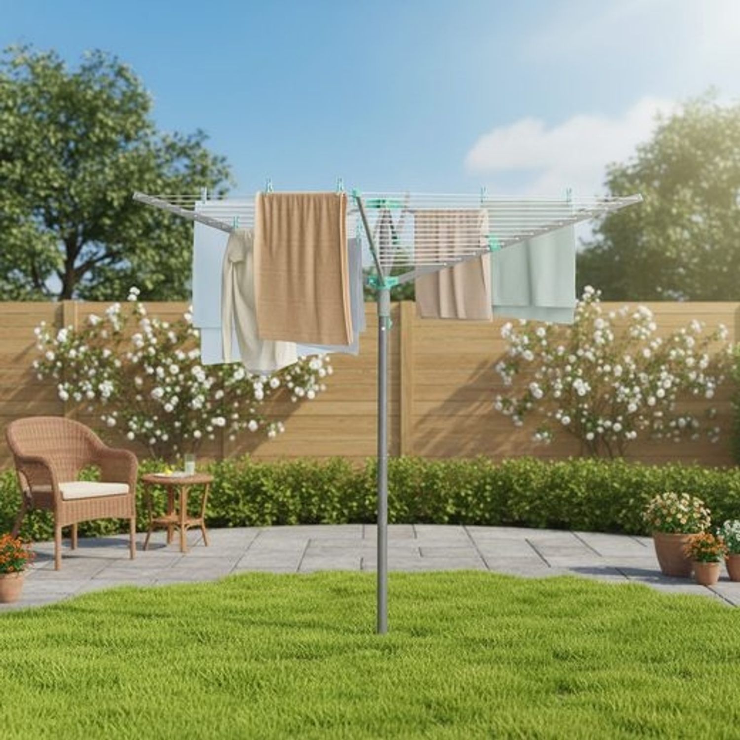 SONGMICS Wäschespinne, 50 m Wäscheleine, für 5 Waschladungen, mit Wäscheklammern, silbern