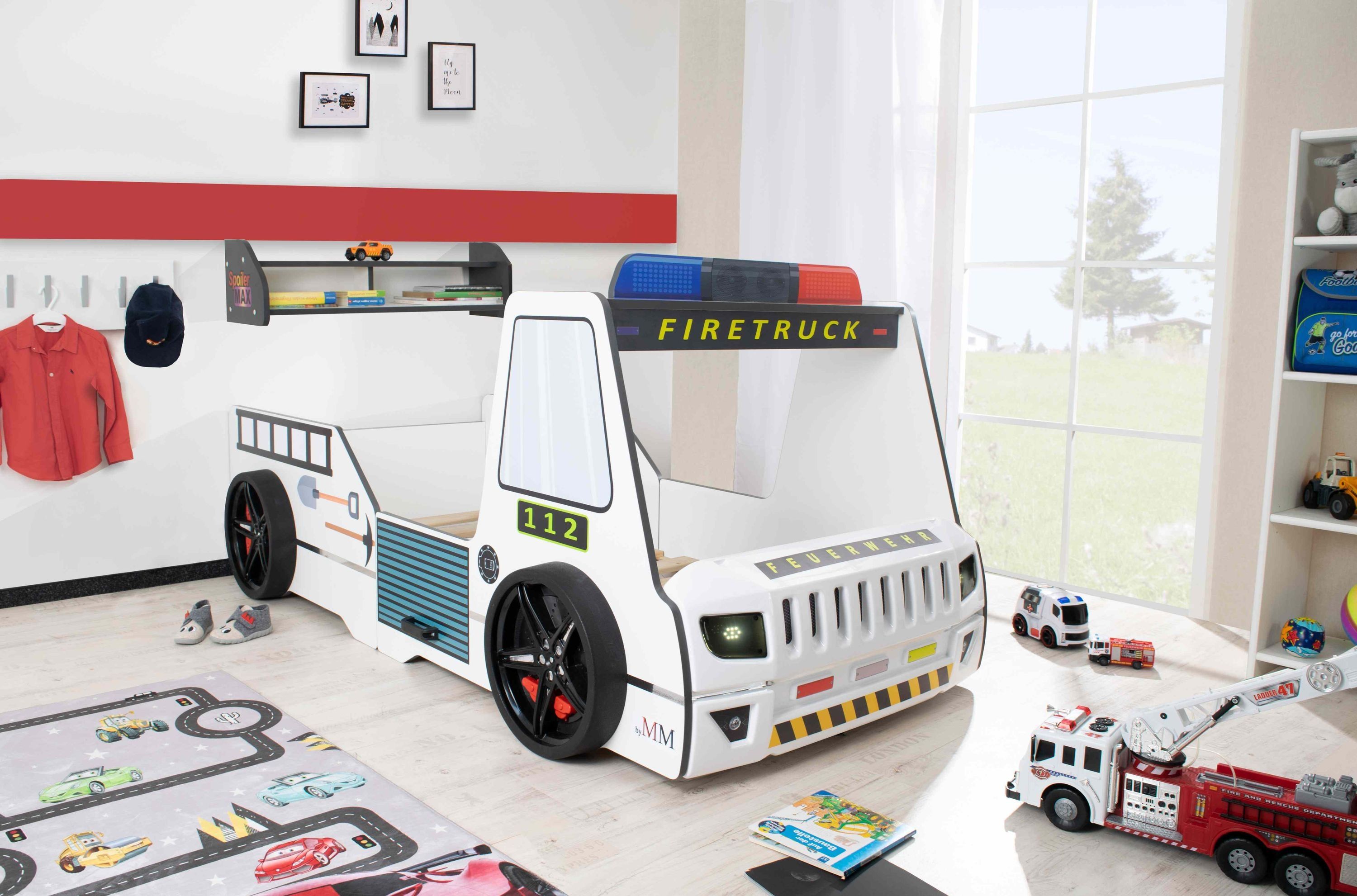 Autobett Kinderbett 90x200 Feuerwehrbett "Rio Firetruck" Hochglanz mit LED Leuchte Weiß