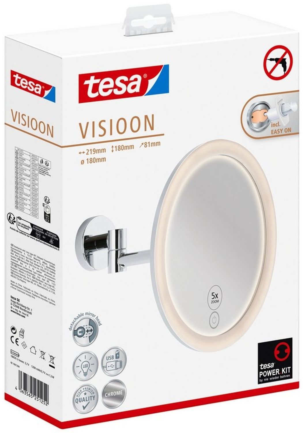 tesa Schminkspiegel Visioon Kosmetikspiegel mit Beleuchtung, Montage ohne Bohren, Chrom (Komplett-Set, 1-St, Make-Up-Spiegel mit Schwenkarm, USB-C-Ladekabel, Power. Kit Klebelösung), Wandspiegel mit dimmbaren LEDs, 5-fach Vergrößerung, Touch-Bedienung