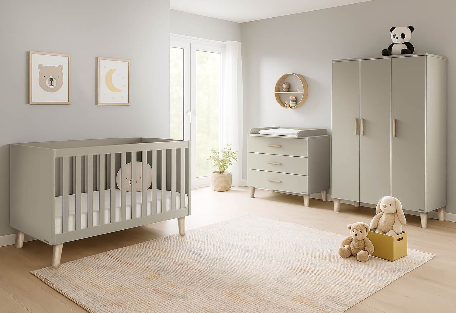Pinolino 'Tami' Kinderzimmer-Set, breit groß, 3-tlg., Gitterbett, Wickelkommode, Schrank, Holz Beige