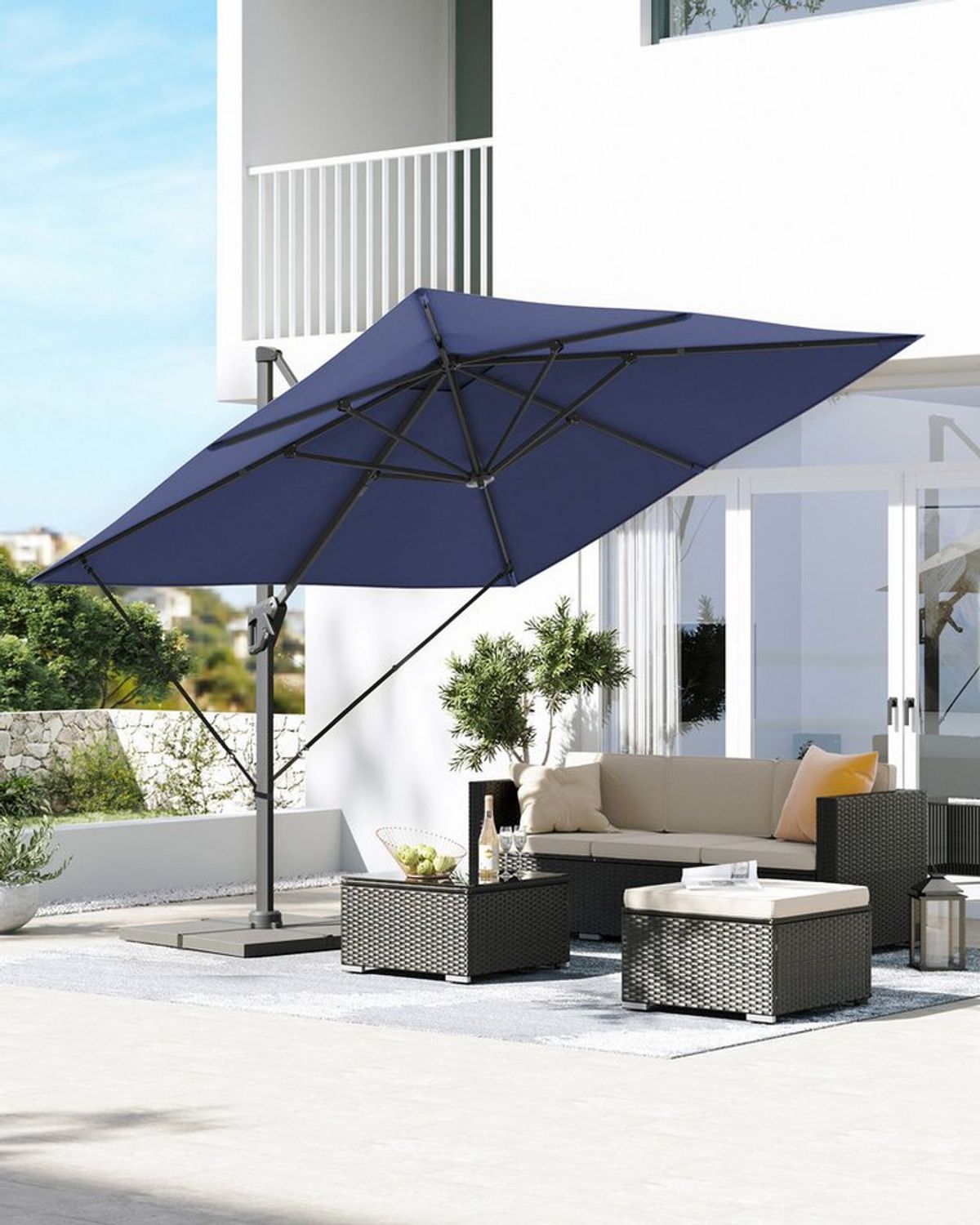 Songmics Sonnenschirm mit Ständer, 360° drehbar, UPF 50+, Dämmerungsblau, 253 x 100 x 290 cm