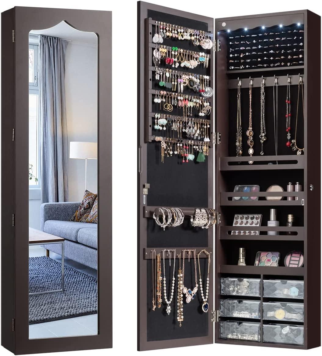 COSTWAY LED Schmuckschrank Hängeschrank, Schmuckregal mit Ganzkörperspiegel, Sipegelschrank für Tür- und Wandmontage, Schmuck Schrank abschließbar für Schmuck & Kosmetik Aufbewahrung