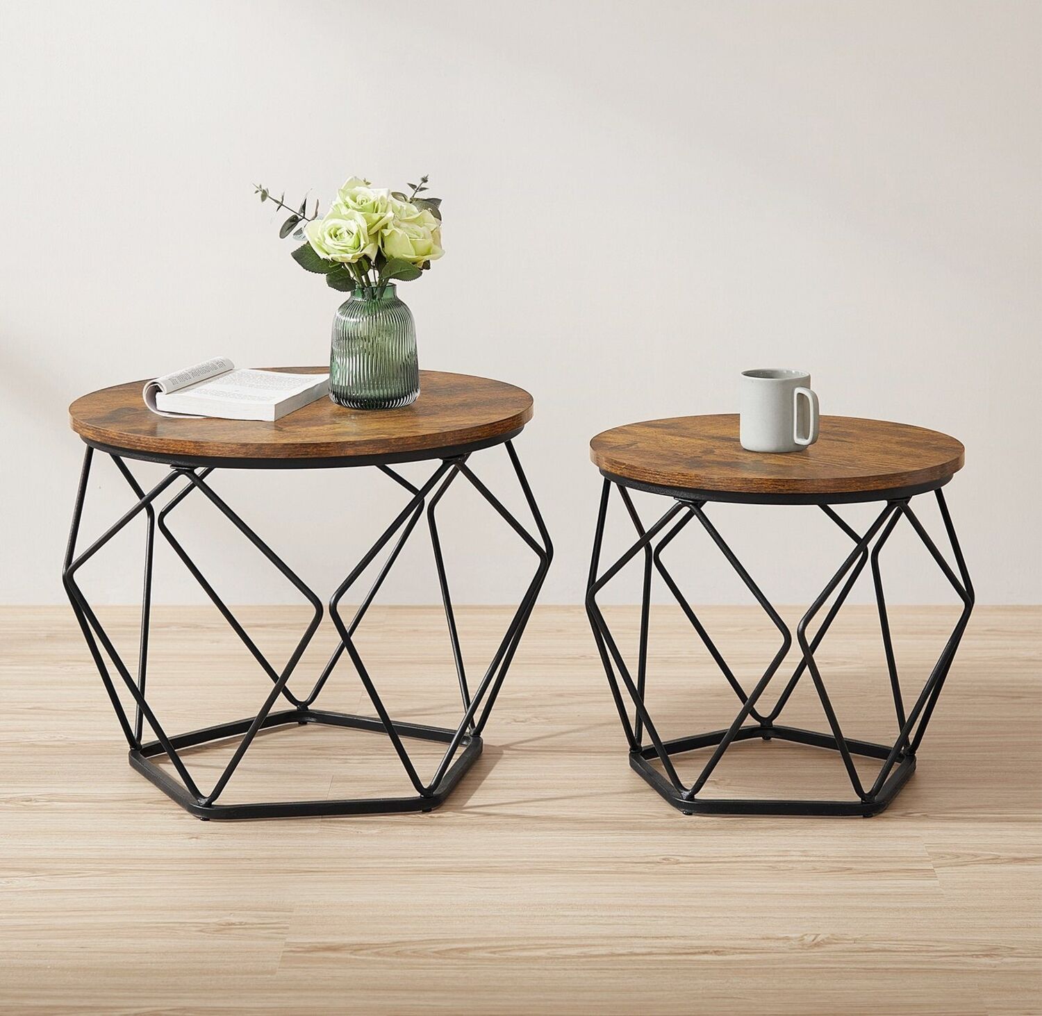 Vasagle Couchtische 2er-Set, Holzspanplatte braun/schwarz, Ø50x40 und Ø40x36 cm