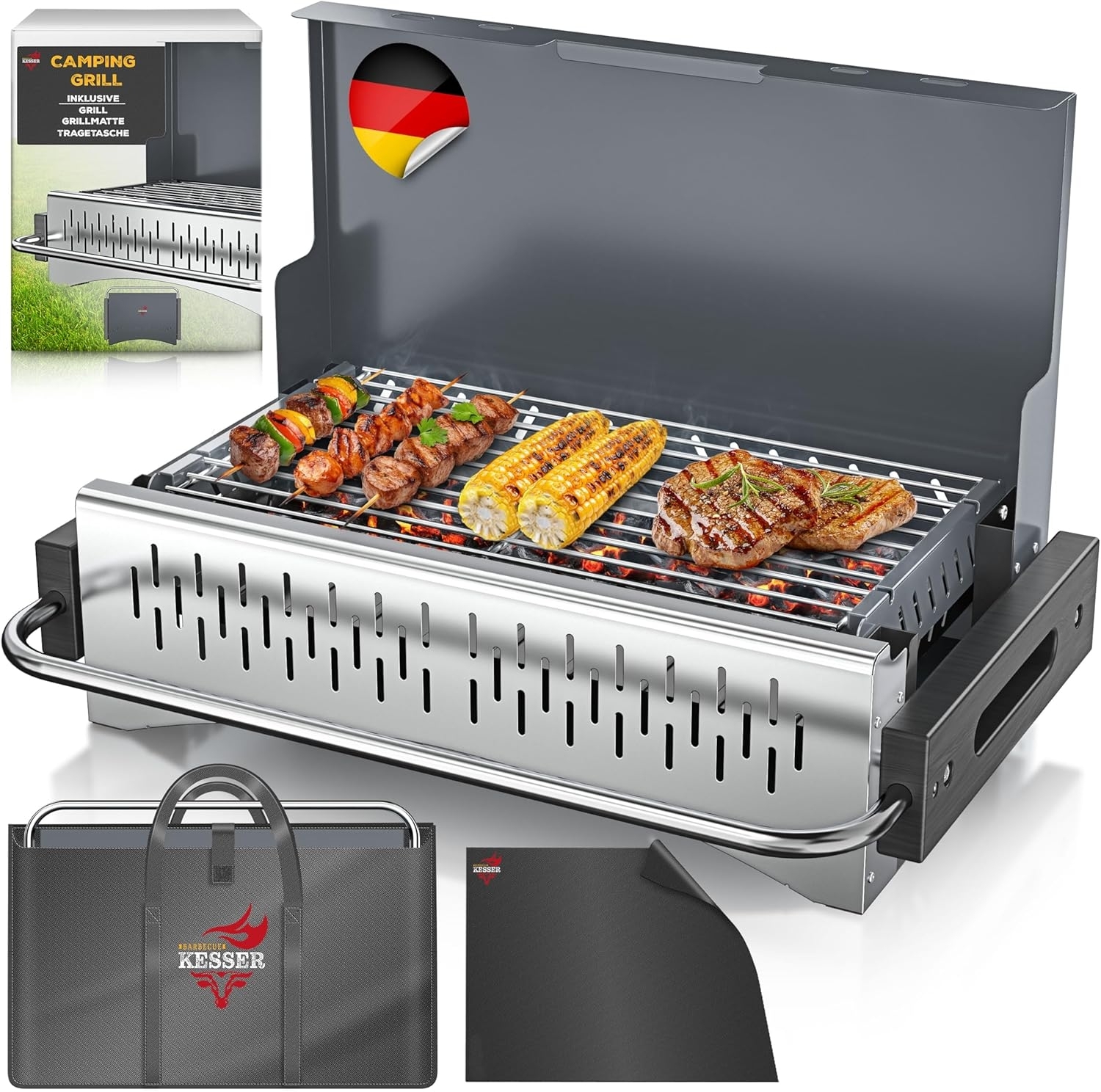 KESSER® Klappgrill tragbarer Camping Grill | Holzkohlegrill aus pulverbeschichtetem Stahl inklusive Grillrost, Grillmatte & Tragetasche | Faltbar BBQ ideal für Camping, Picknick & Angeln Anthrazit, Ohne Beine