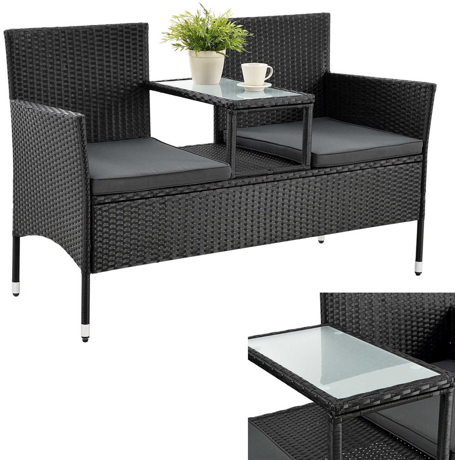 Juskys 'Monaco' 2-Sitzer Gartenbank mit Tisch und Kissen, Polyrattan schwarz, 133 × 63 × 84 cm