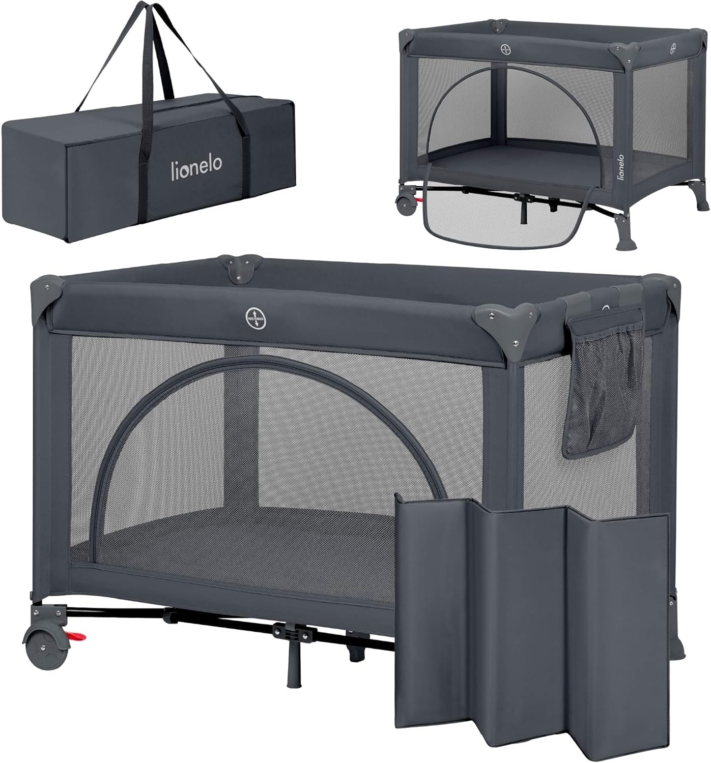 Lionelo Laura 2-in-1 Reisebett bis zu 15 kg Laufgitter von 0 bis 36 Monate Seitlicher Einstieg T25 Schaumstoffmatratze, 2 Höhenstufen, Reisetasche, Räder mit Bremse