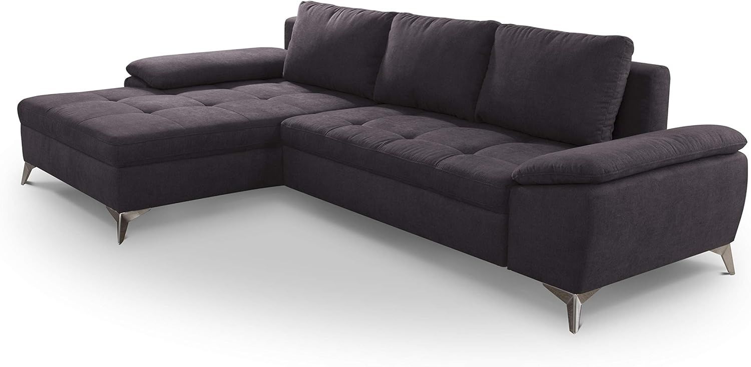 CAVADORE Schlafsofa Lina Ecksofa mit Schlaffunktion, Bettkasten, Longchair und Steppung im Sitz / 270 x 85 x 163 / Flachgewebe: Dunkelgrau