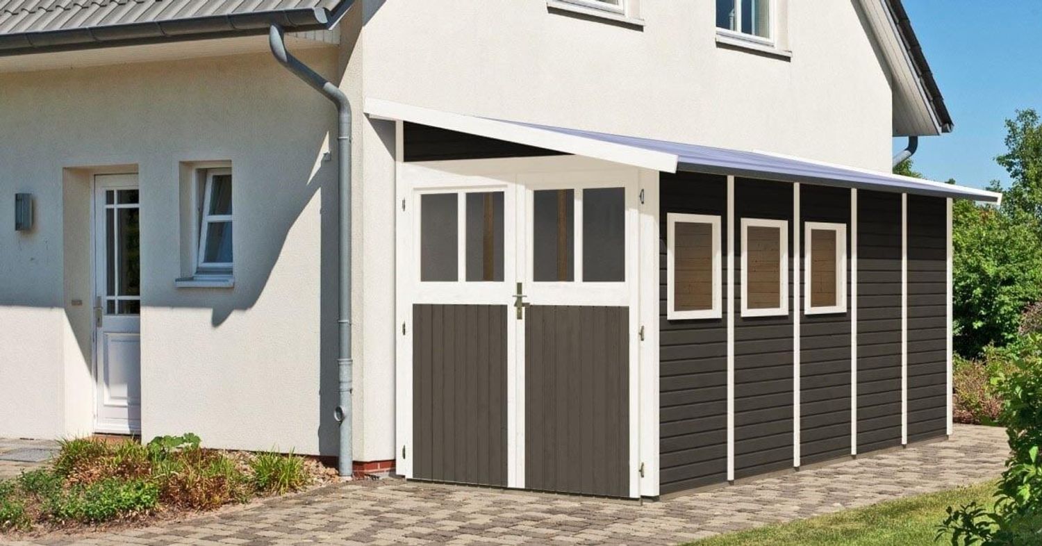 Anlehnhaus Wandlitz 5 - 181x442 cm, 19 mm Holz terragrau, Karibu