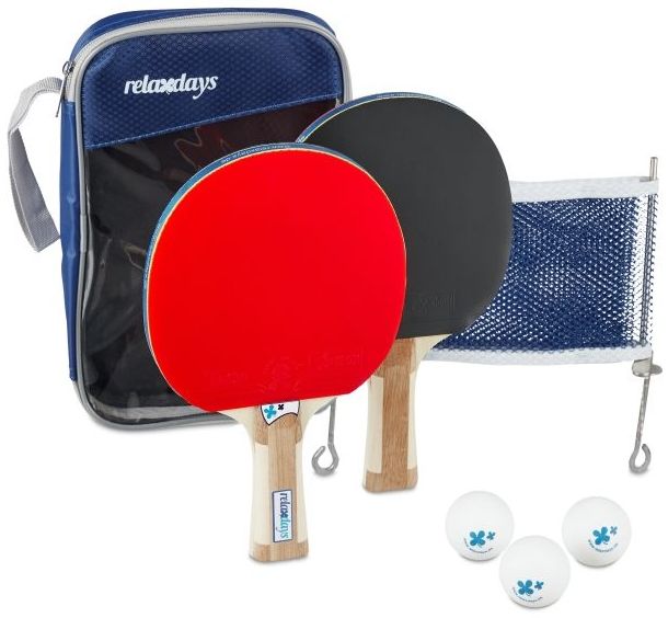 Relaxdays Tischtennis-Set inkl. 2 Schläger, 3 Tischtennisbälle, Tischtennisnetz & Reissverschlusstasche, Kunststoff rot / schwarz