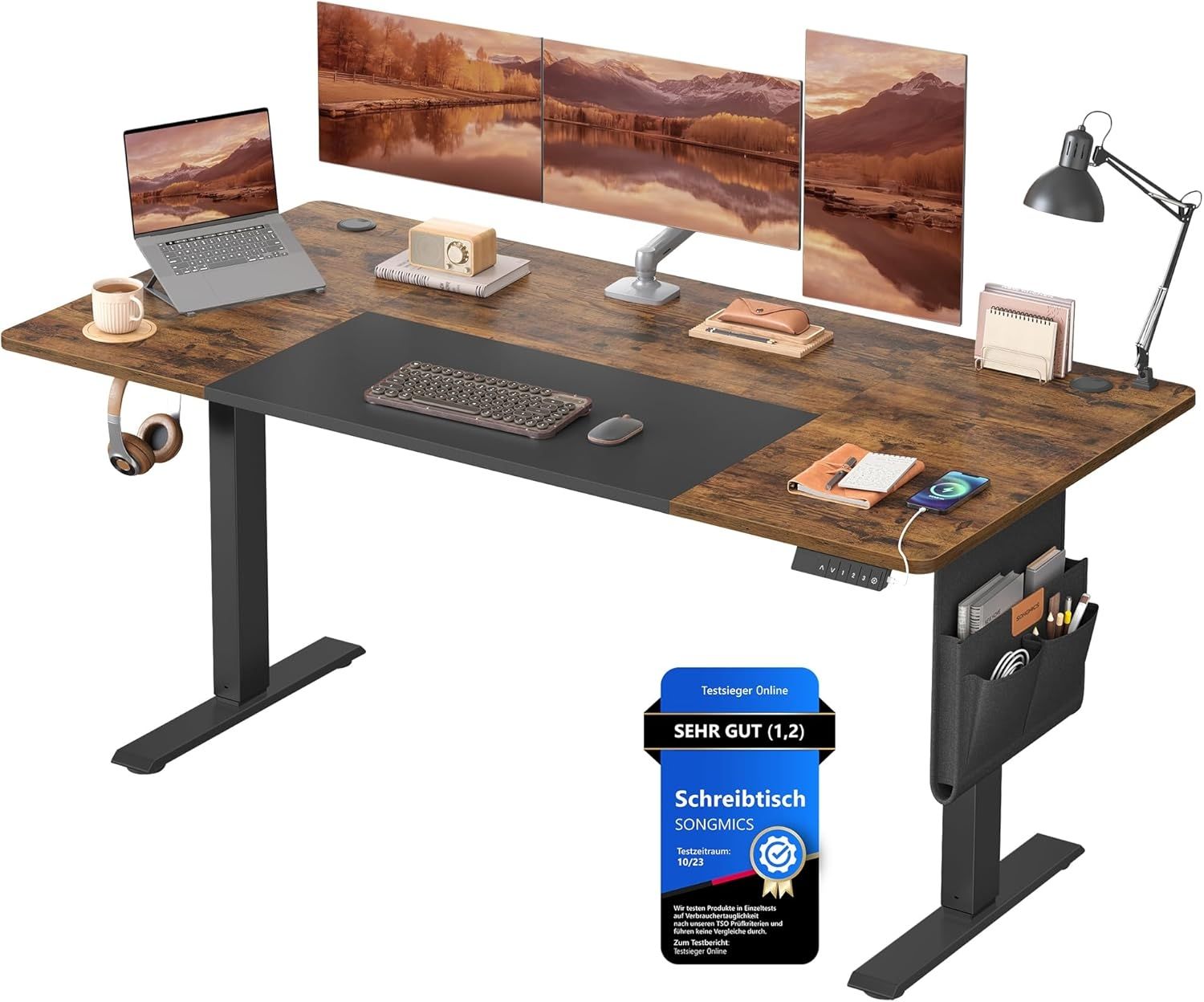 SONGMICS Schreibtisch, elektrisch höhenverstellbar 72-120 cm, mit Memory-Funktion, Vintagebraun-Schwarz, 72 x 70 x 160 cm