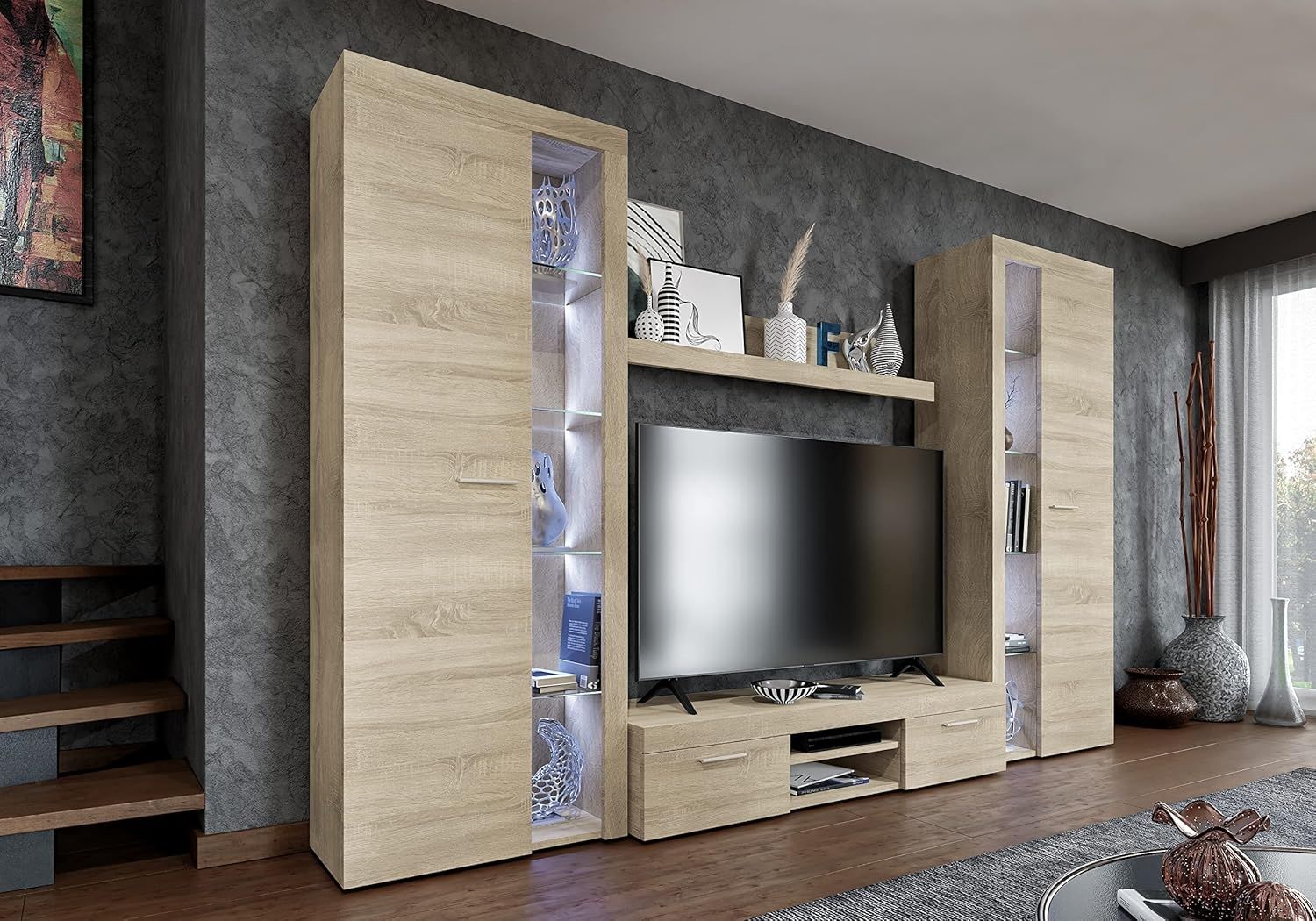 FURNIX Wohnwand Riva XL Mediawand Landhausstill Wohnzimmer 4-TLG Komplett-Set mit LED - TV Lowboard, Highboard Vitrine, Wandregal - Modern Freistehend - B 300 x H 190 x T 40,2 cm, Farbe Sonome Eiche