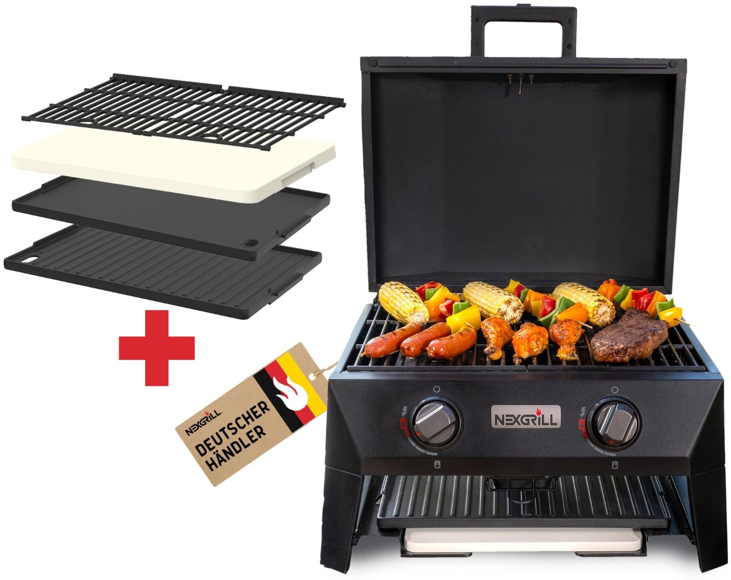 Nexgrill Tischgrill / Pizzaofen "Fortress x4" 4-in-1 mit Plancha und Pizzastein, schwarz,2 Brenner