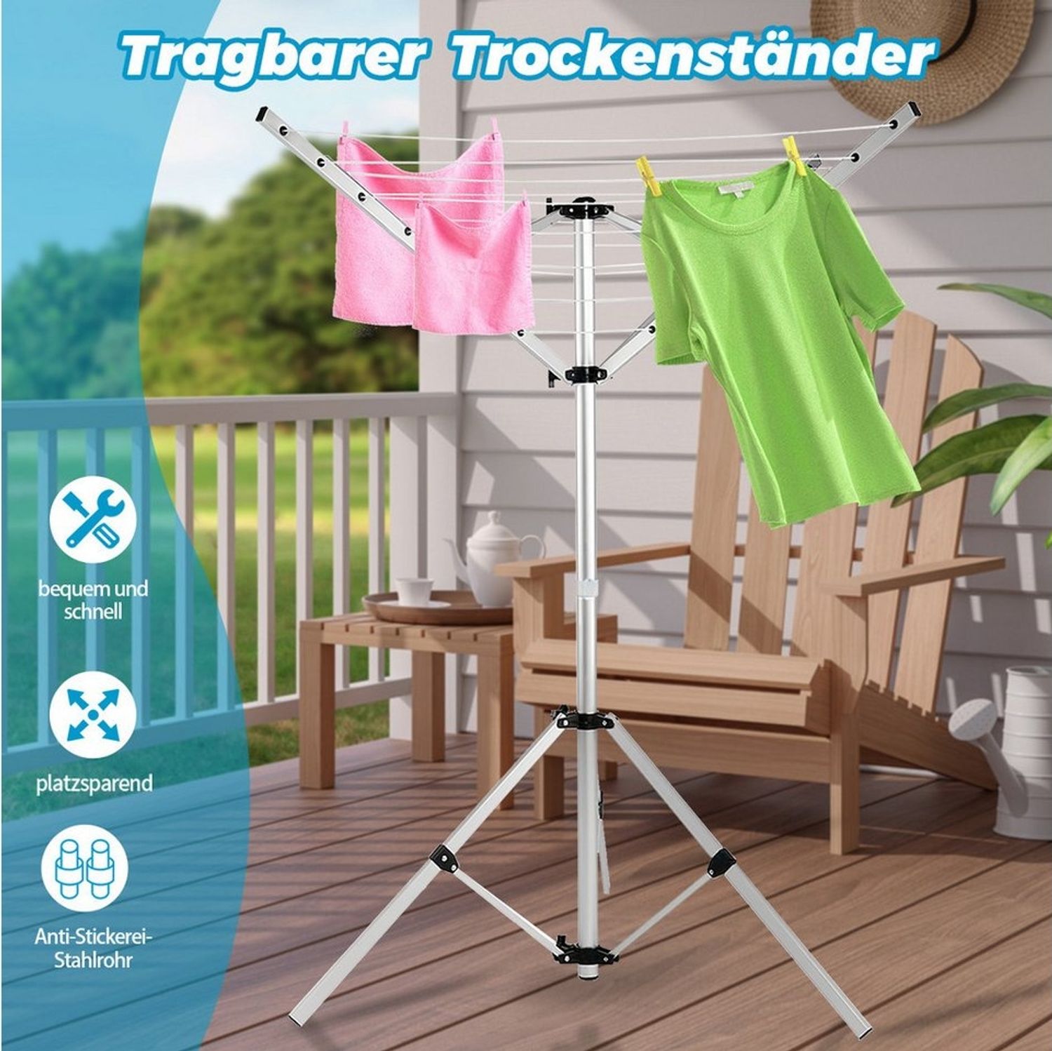 PFCTART Kleiderständer Faltbare Wäschespinne mit 15 m Leinenlänge, (Set, 1 St, Für Camping, Balkon & Garten – wäscheständer klein, ausziehbar), Leichtes Aluminium-Stativ – mobil, stabil & wäschespinne