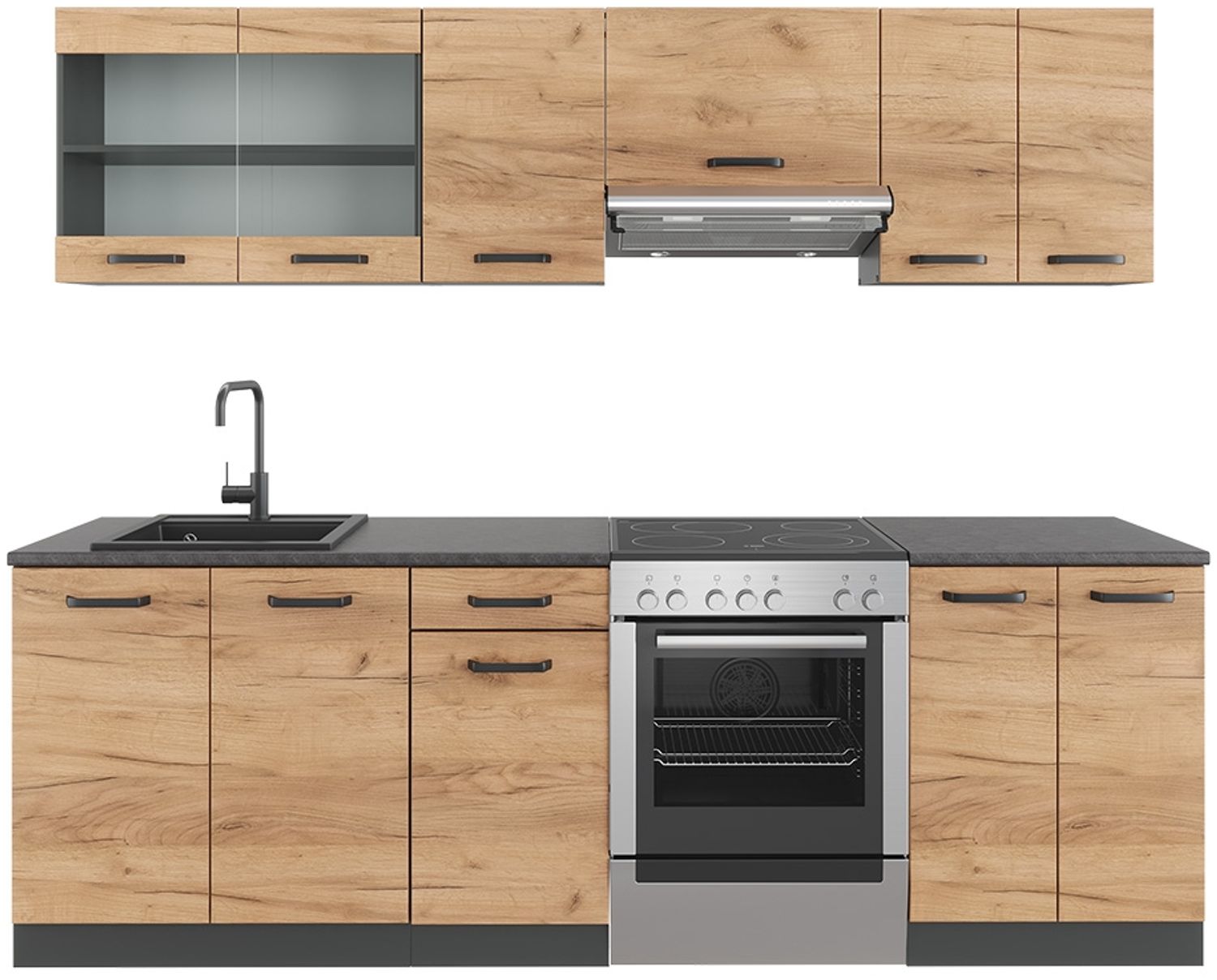 Küchenzeile Raul Goldkraft Eiche/Anthrazit 240 cm , AP Schwarz gemustert Vicco