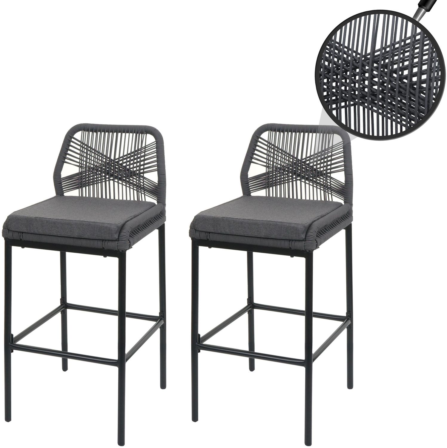 2er-Set Rope-Barhocker HWC-O21, Outdoor Sitzpolster Seilgeflecht Metall ~ anthrazit, Kissen dunkelgrau