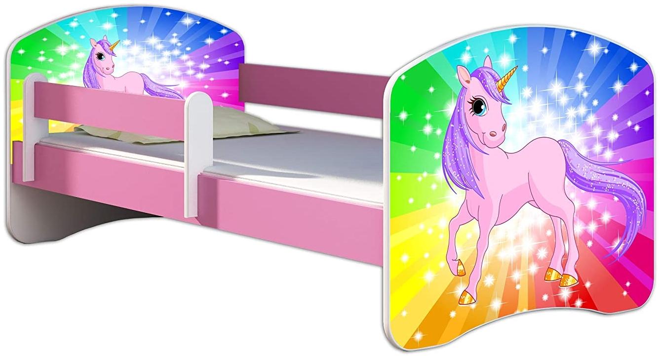Kinderbett Jugendbett mit einer Schublade und Matratze Rausfallschutz Rosa 70x140 80x160 80x180 ACMA II (18 Pony Regenbogen, 80x180 cm)
