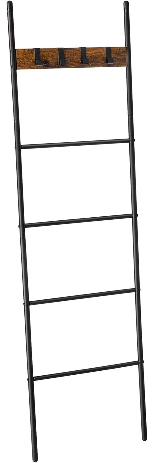 Vasagle Leiterregal schräg, Handtuchhalter, 5 Ebenen, 44x160 cm, platzsparend, Stahlrahmen, 4 Haken, für Decken, Handtücher