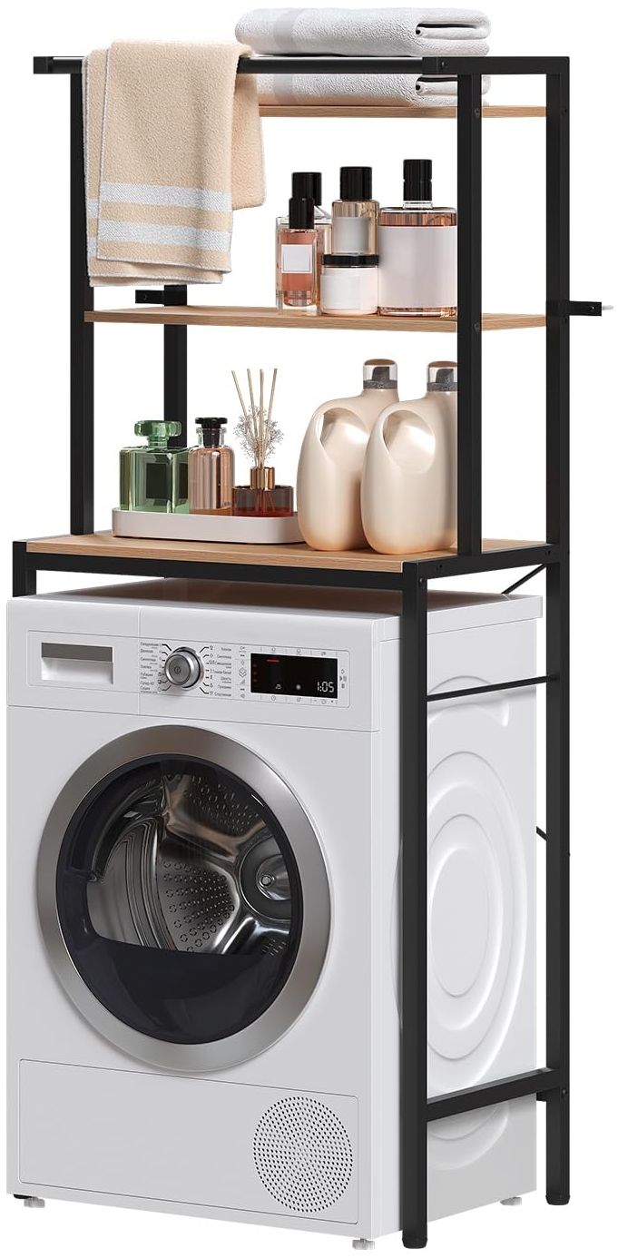EUGAD Waschmaschinenregal, WC Regal über Waschmaschine Toilette, Waschmaschinenschrank Überbauschrank, Toilettenschrank, 3 Ablagen, Handtuchhalter, Metall Holzwerkstoff, 67 x 162 x 40 cm
