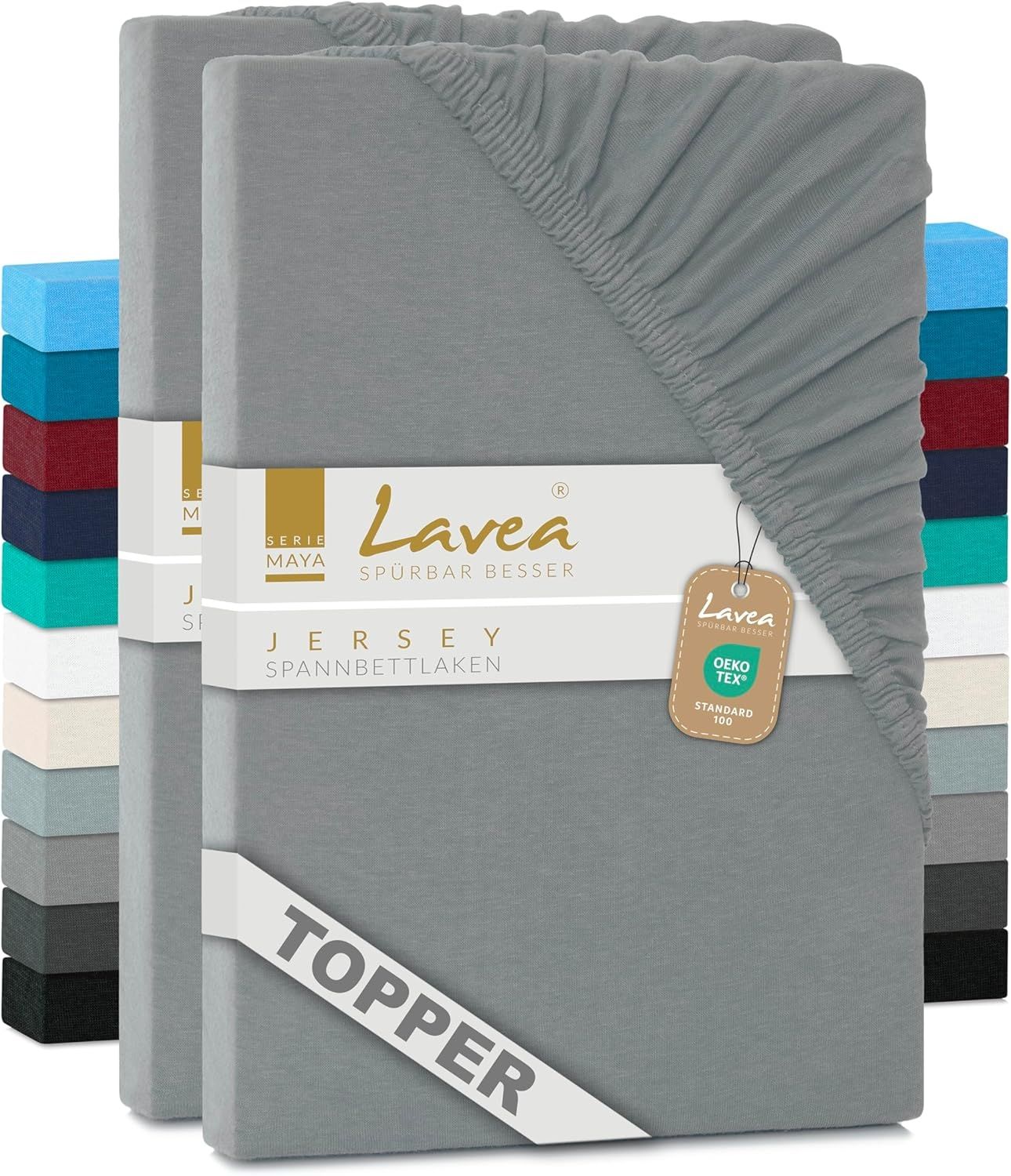 2er Set Lavea Topper Spannbettlaken - Spannbetttuch Jersey Topper Serie Maya, 200x220 cm, Mittelgrau, 100% Baumwolle, hochwertige Verarbeitung, mit Gummizug